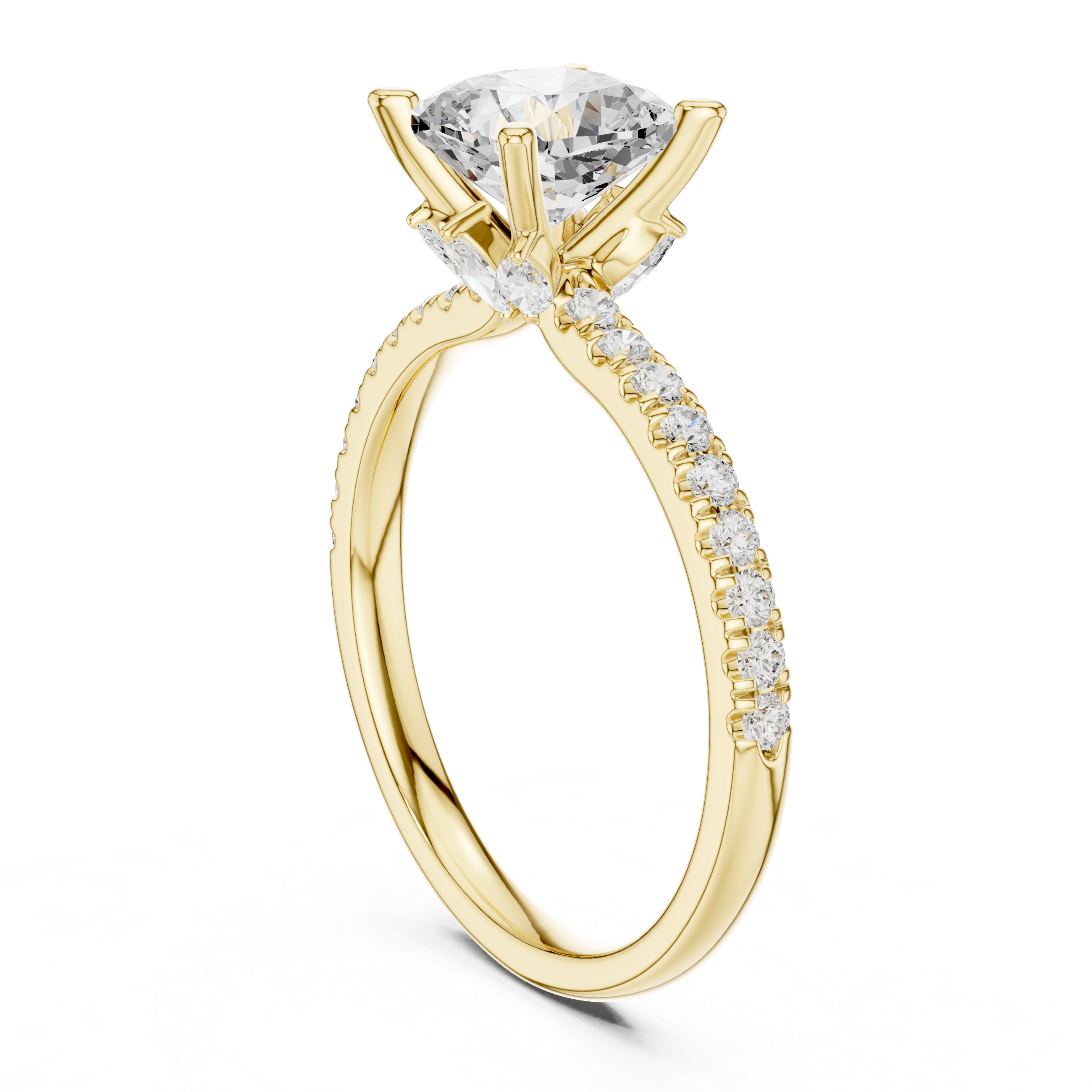 Cushion Cut Solitaire Engagement Ring with Marquise Accent Gallery and Pavé Diamond Band
