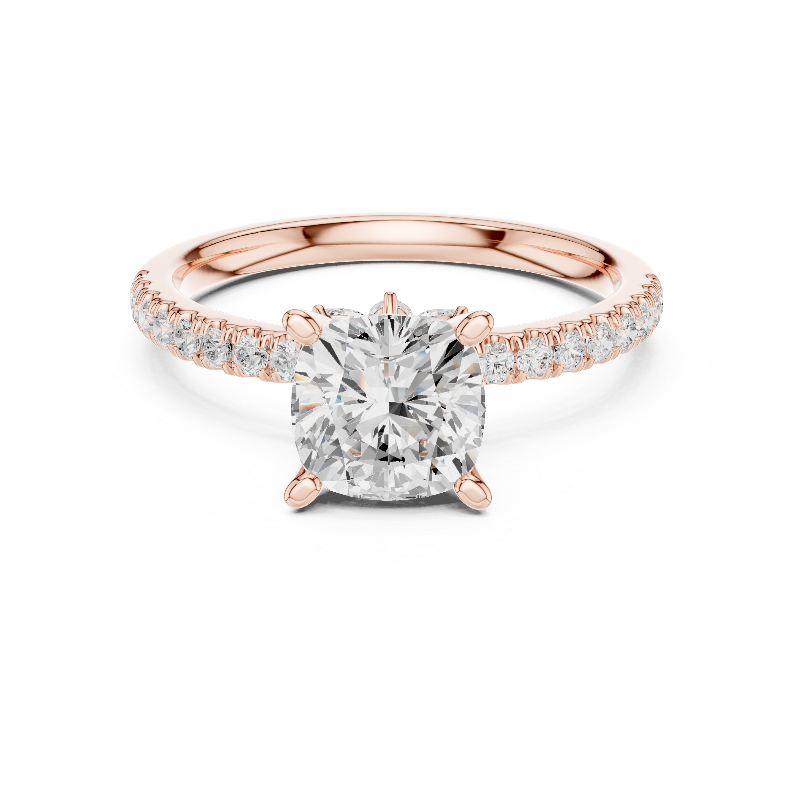 Cushion Cut Solitaire Engagement Ring with Marquise Accent Gallery and Pavé Diamond Band