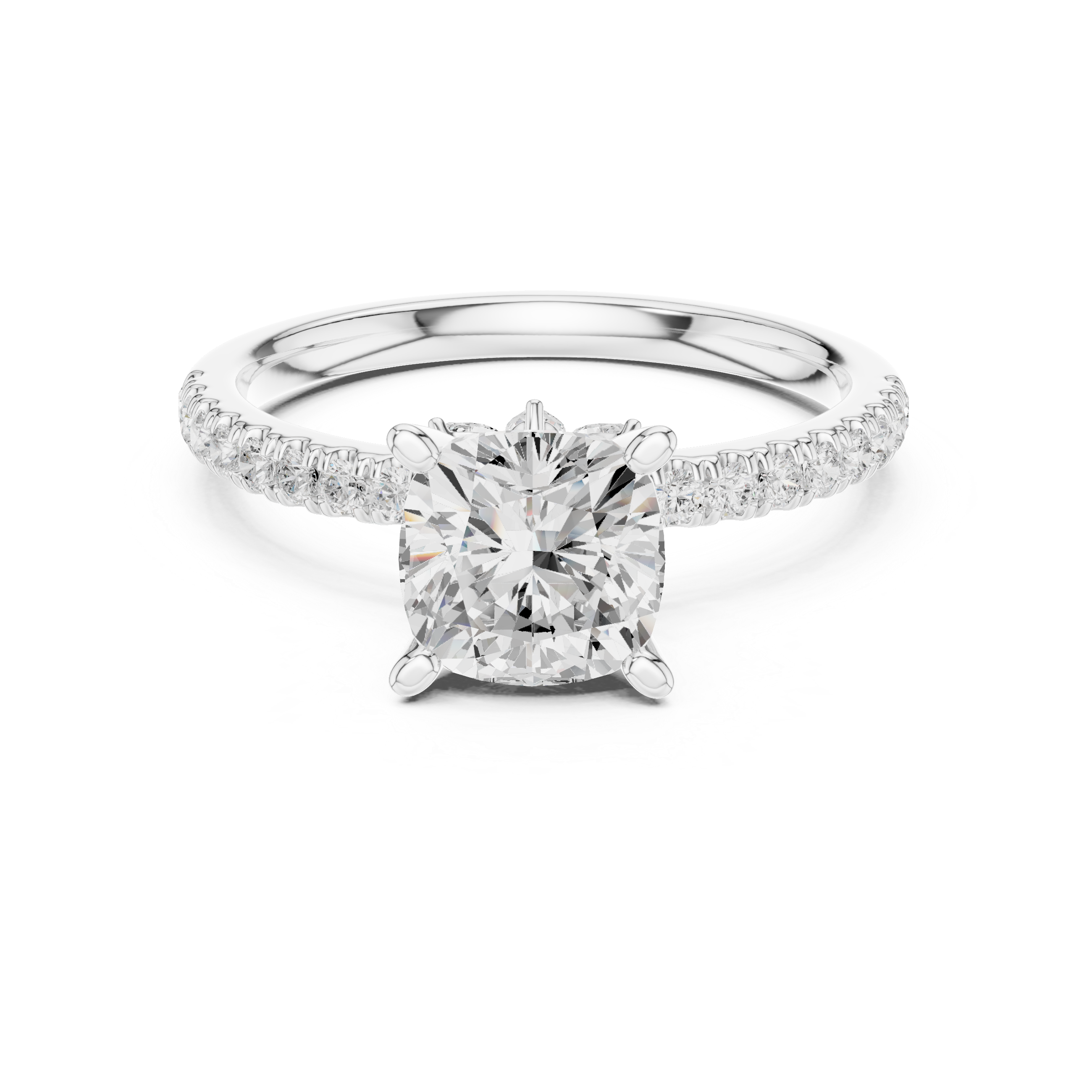Cushion Cut Solitaire Engagement Ring with Marquise Accent Gallery and Pavé Diamond Band