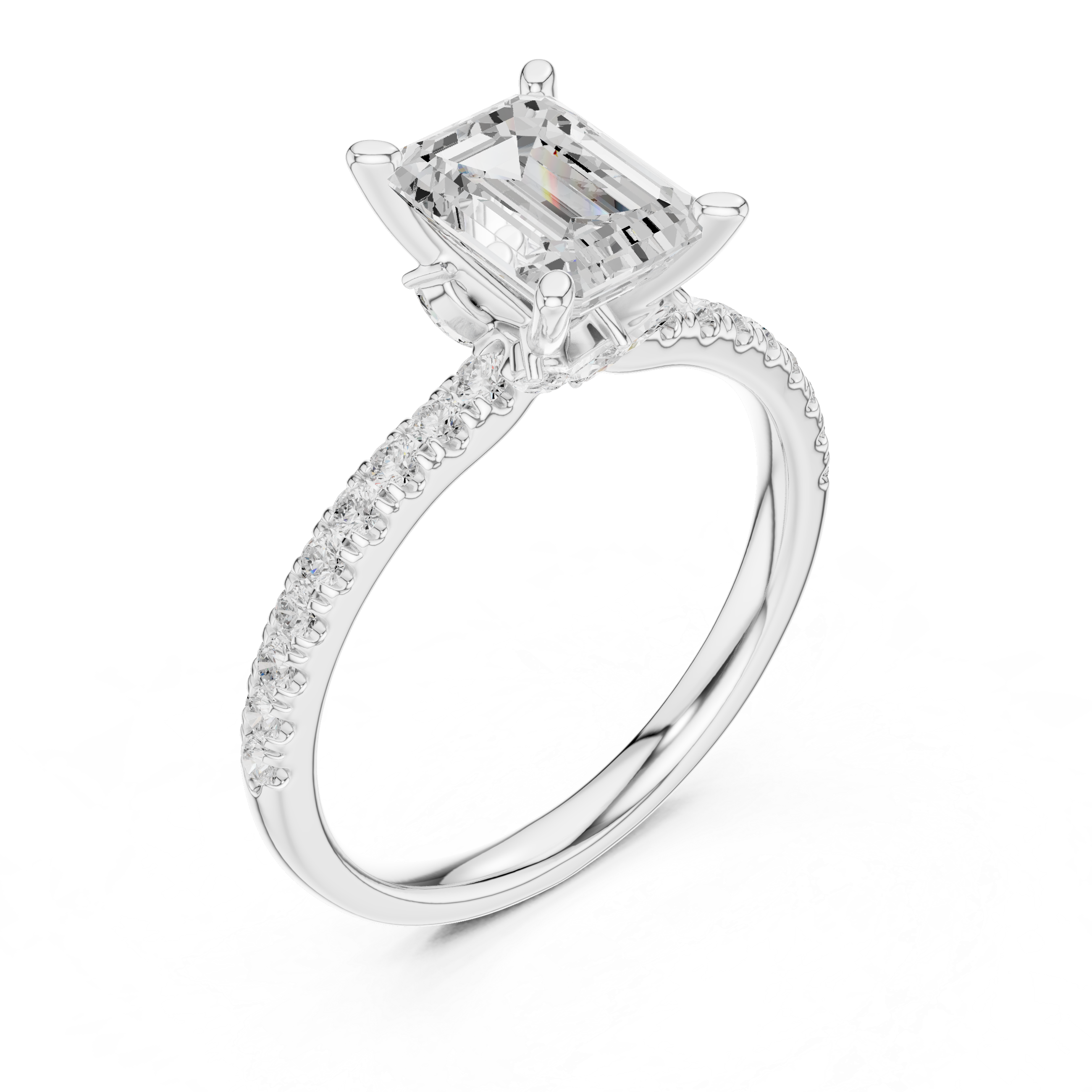 Emerald Cut Solitaire Engagement Ring with Marquise Accent Gallery and Pavé Diamond Band