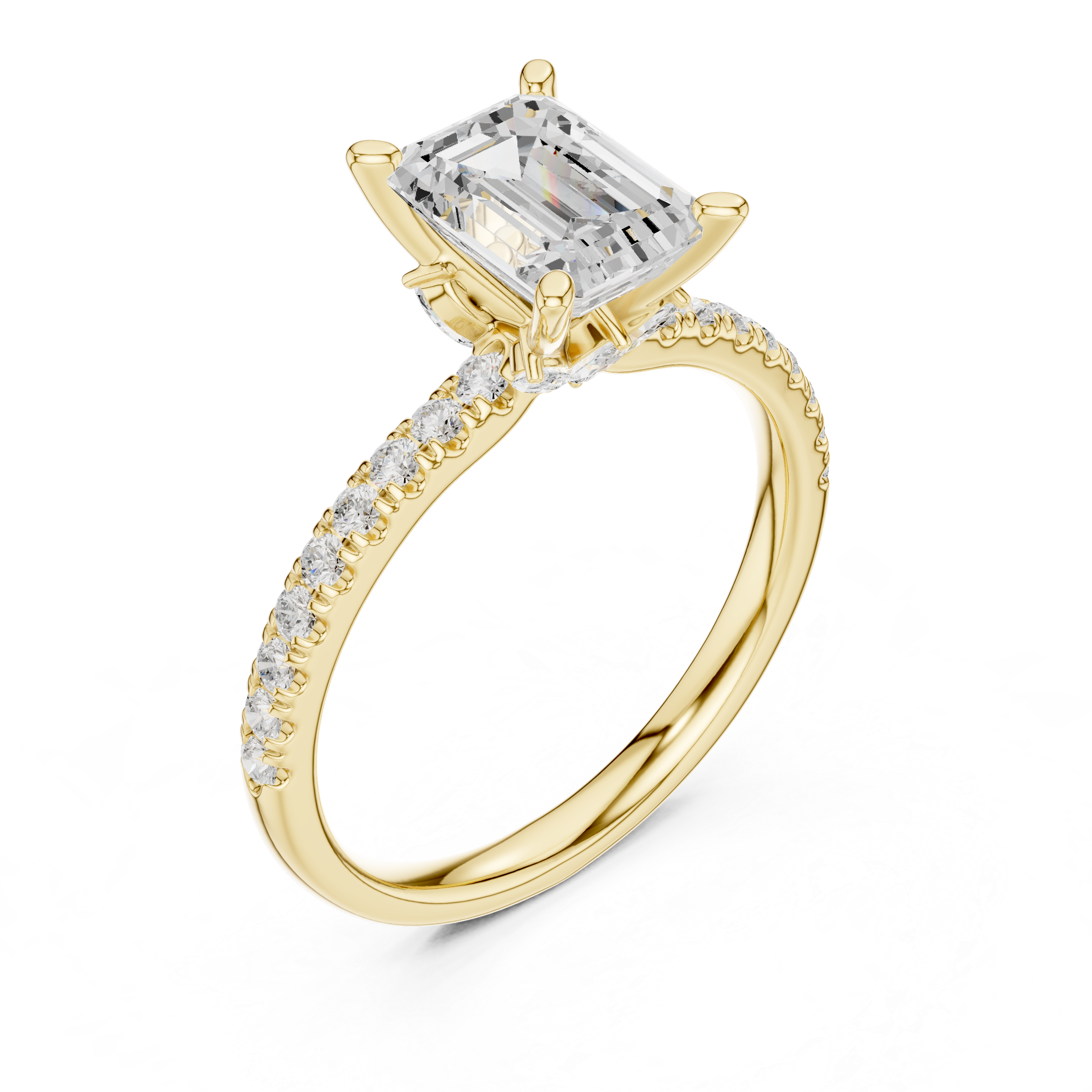 Emerald Cut Solitaire Engagement Ring with Marquise Accent Gallery and Pavé Diamond Band