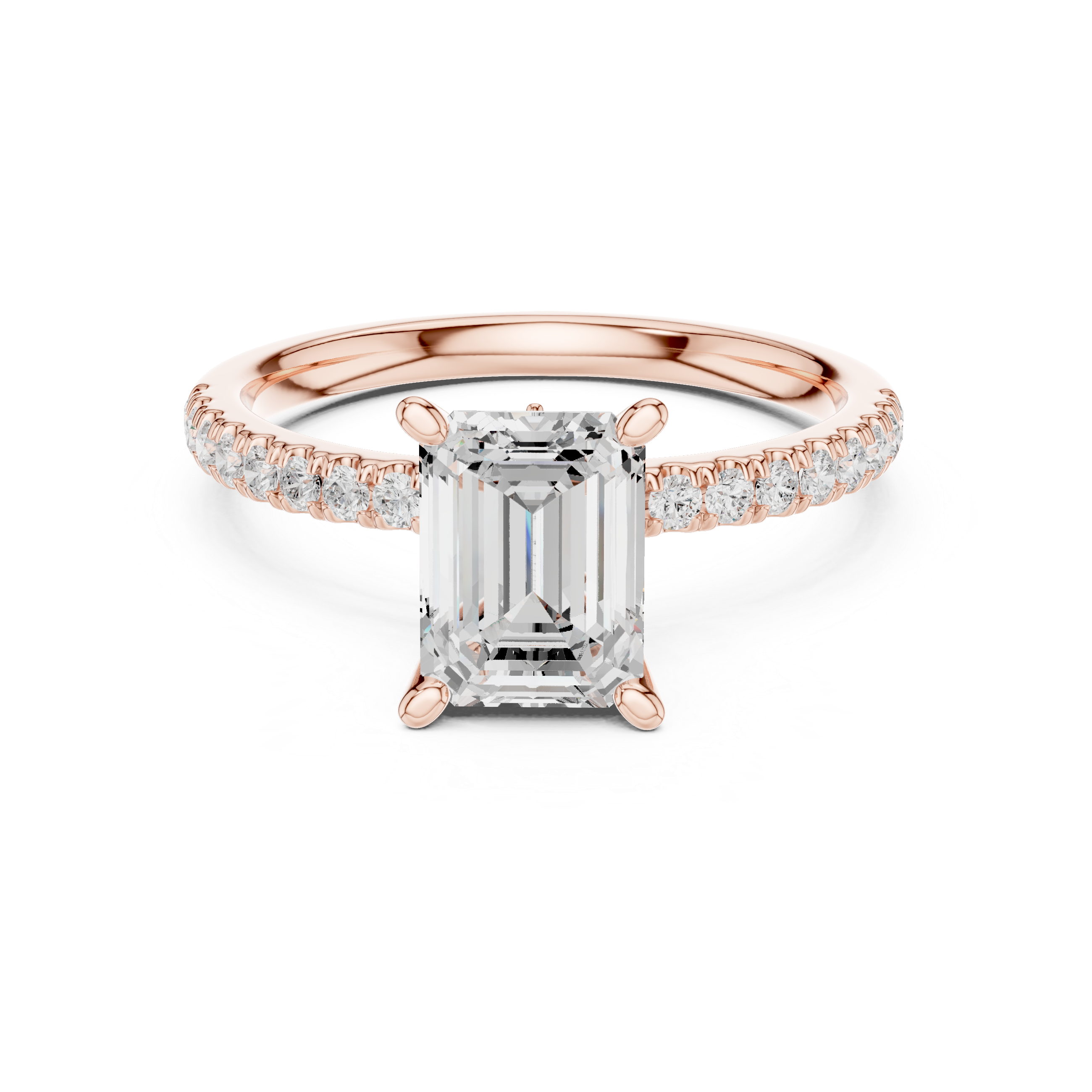 Emerald Cut Solitaire Engagement Ring with Marquise Accent Gallery and Pavé Diamond Band