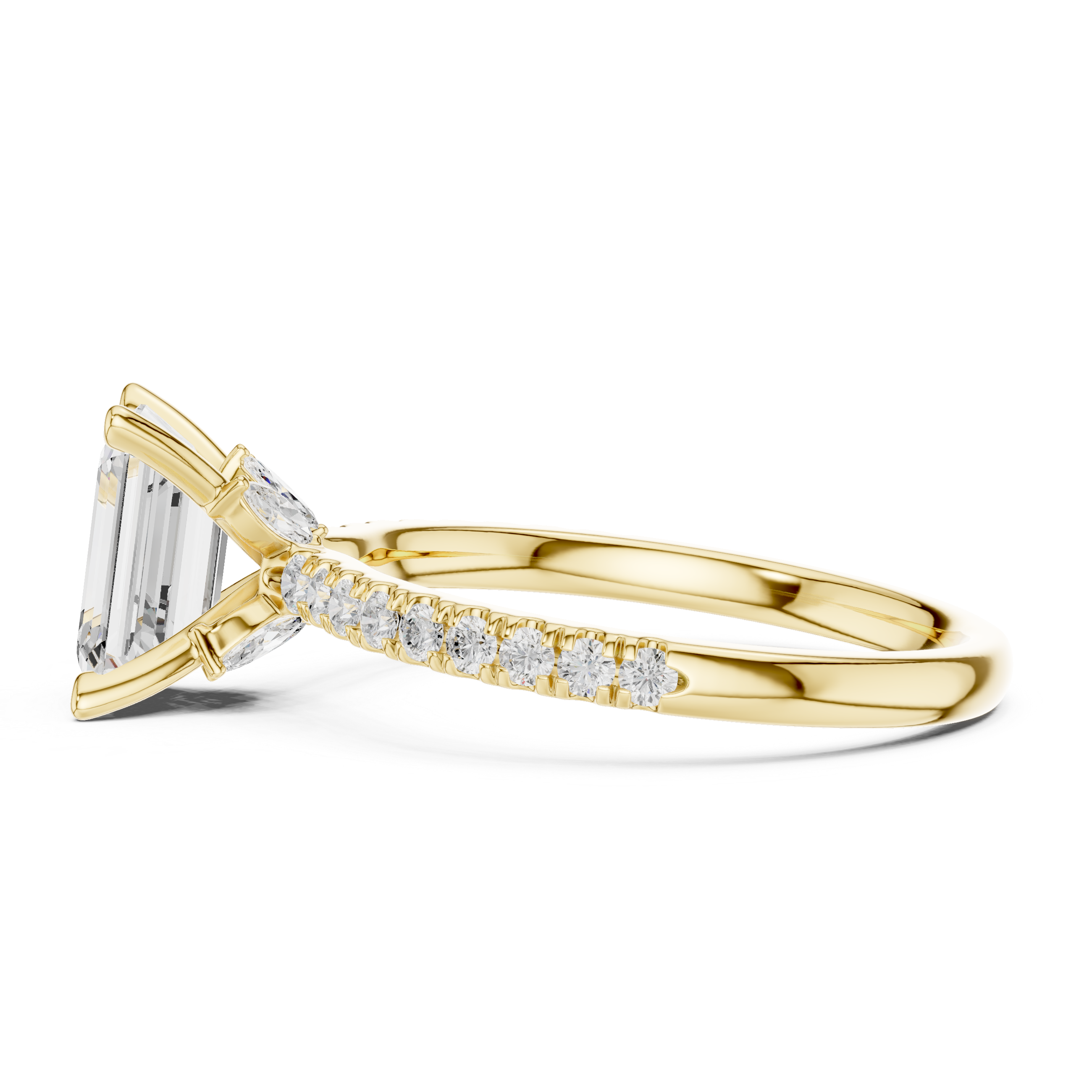 Emerald Cut Solitaire Engagement Ring with Marquise Accent Gallery and Pavé Diamond Band