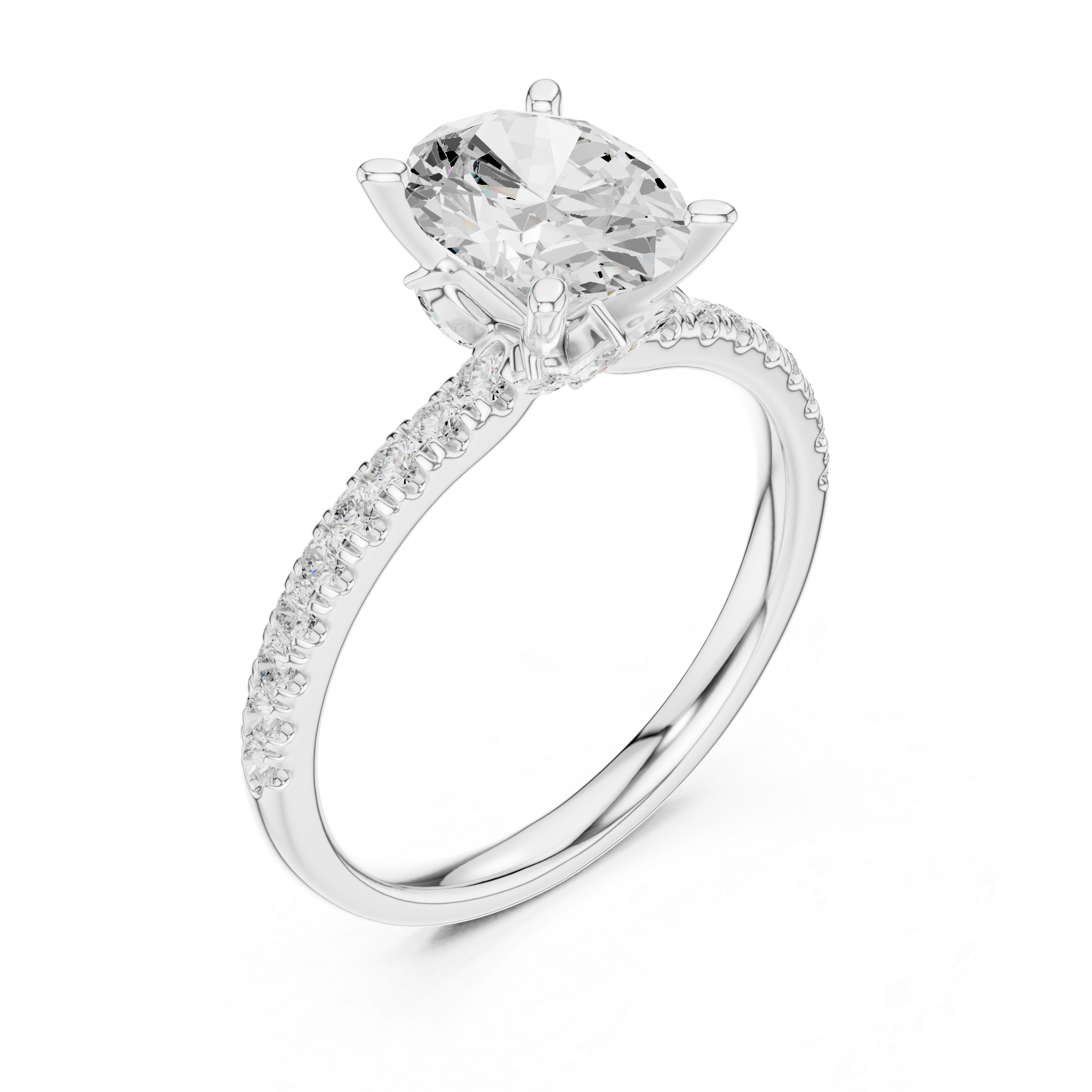 Oval Cut Solitaire Engagement Ring with Marquise Accent Gallery and Pavé Diamond Band