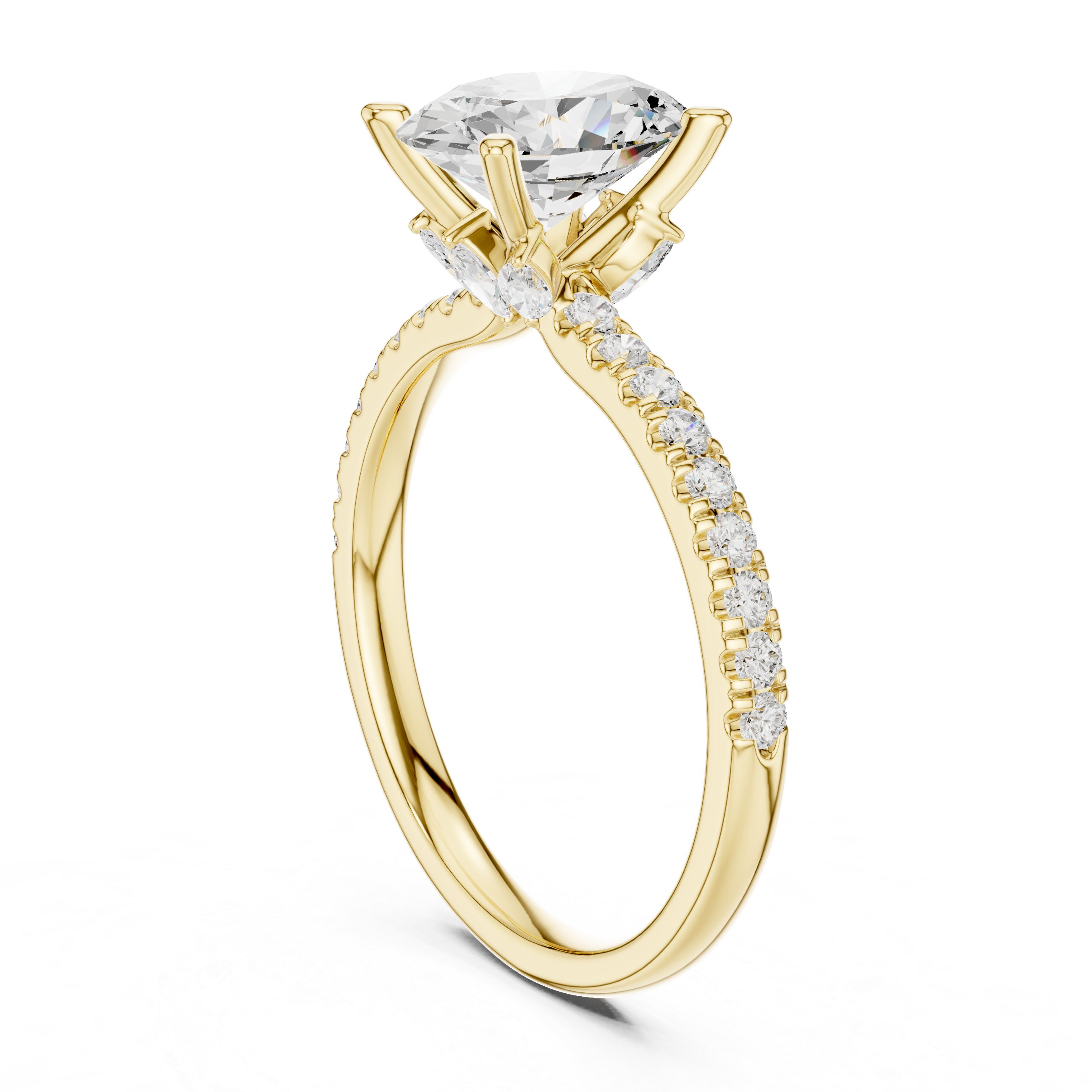 Oval Cut Solitaire Engagement Ring with Marquise Accent Gallery and Pavé Diamond Band