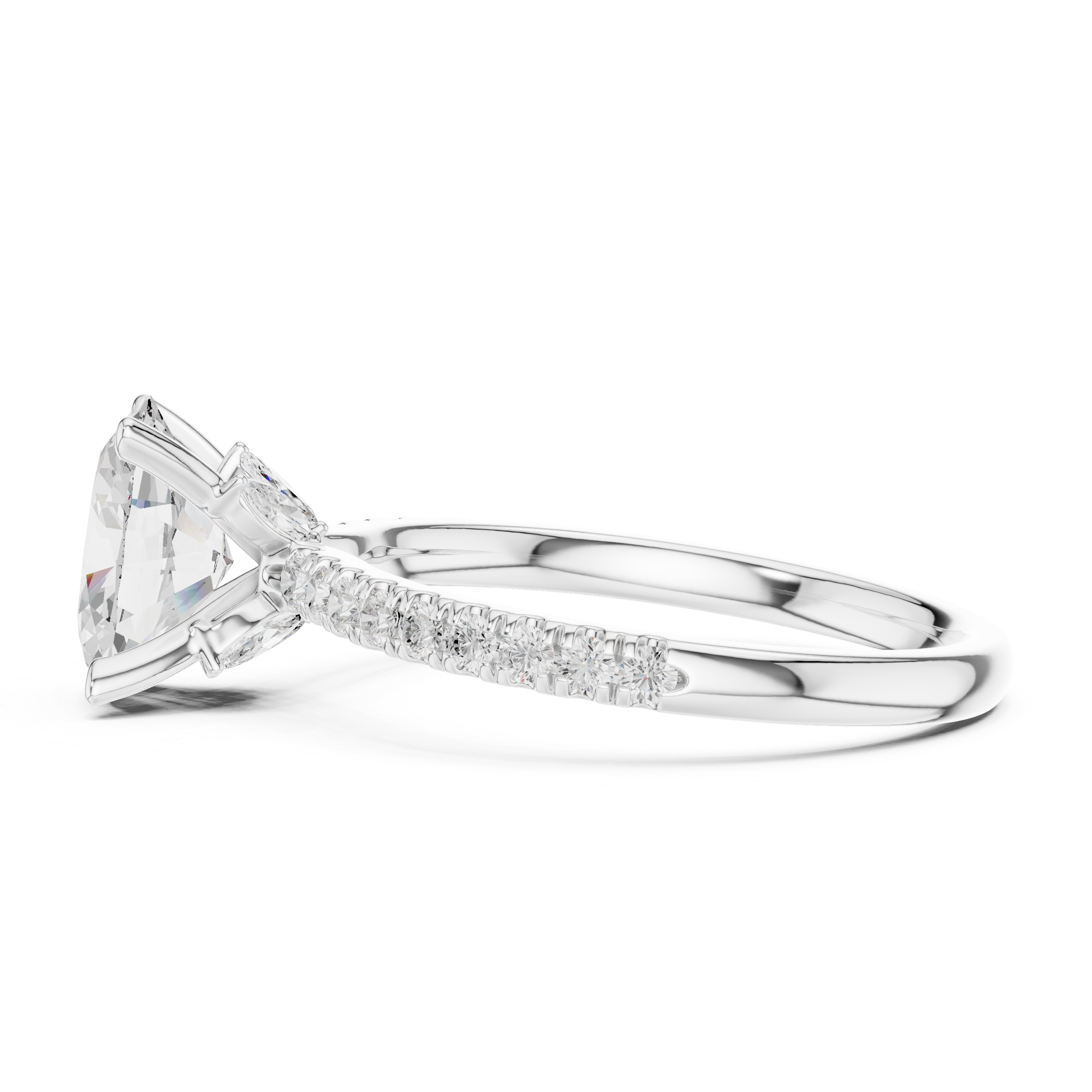 Oval Cut Solitaire Engagement Ring with Marquise Accent Gallery and Pavé Diamond Band