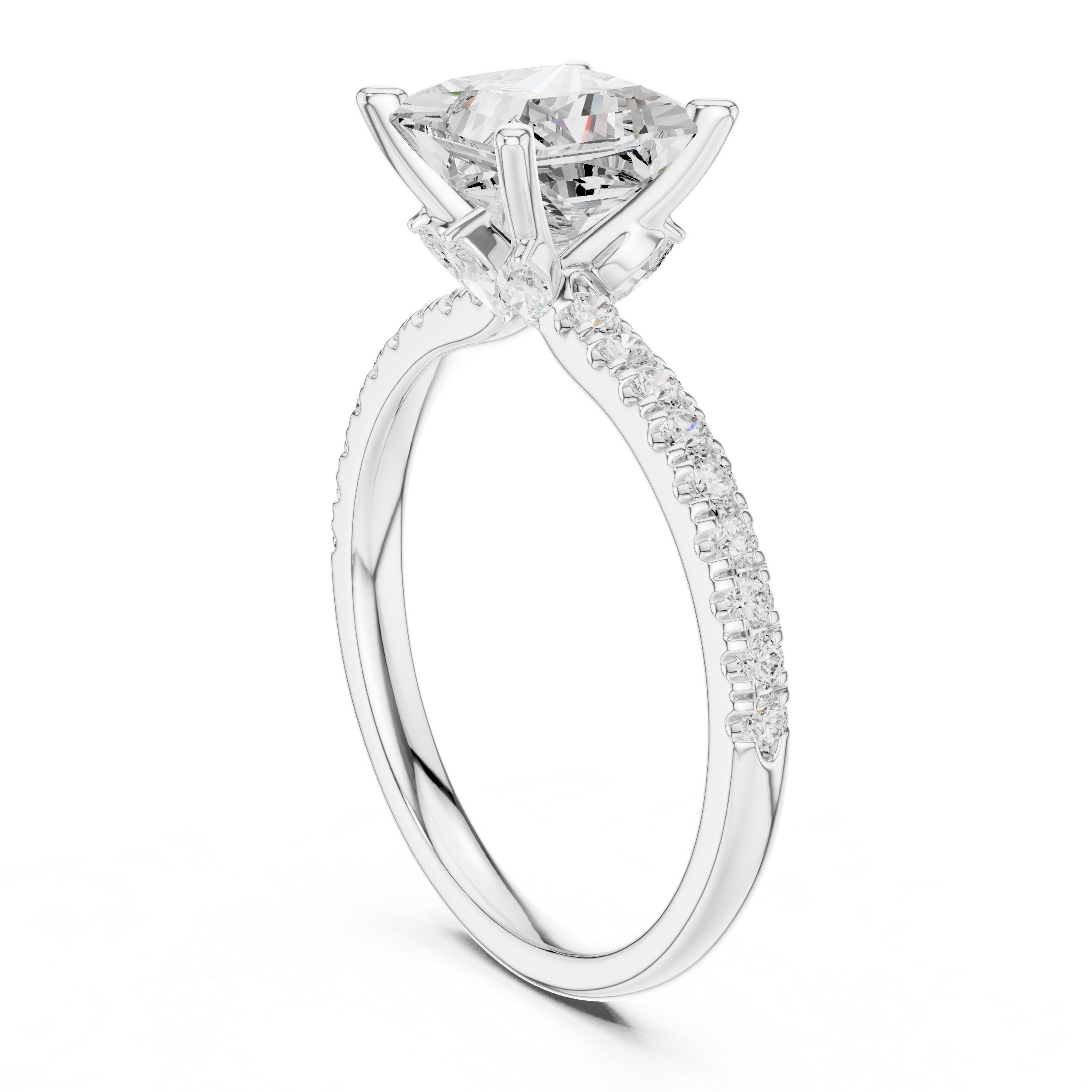 Princess Cut Solitaire Engagement Ring with Hidden Marquise Accent Gallery and Pavé Diamond Band