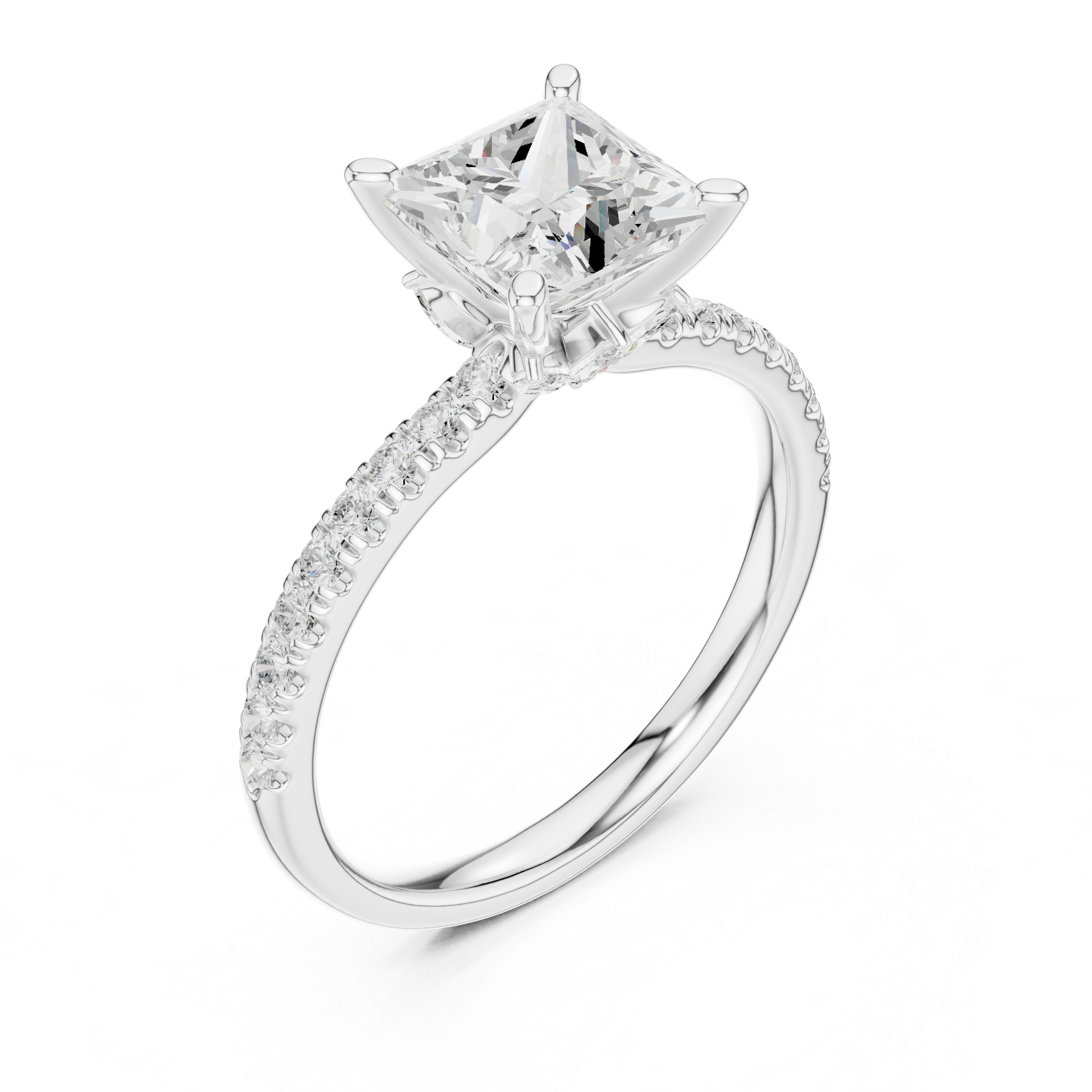 Princess Cut Solitaire Engagement Ring with Hidden Marquise Accent Gallery and Pavé Diamond Band
