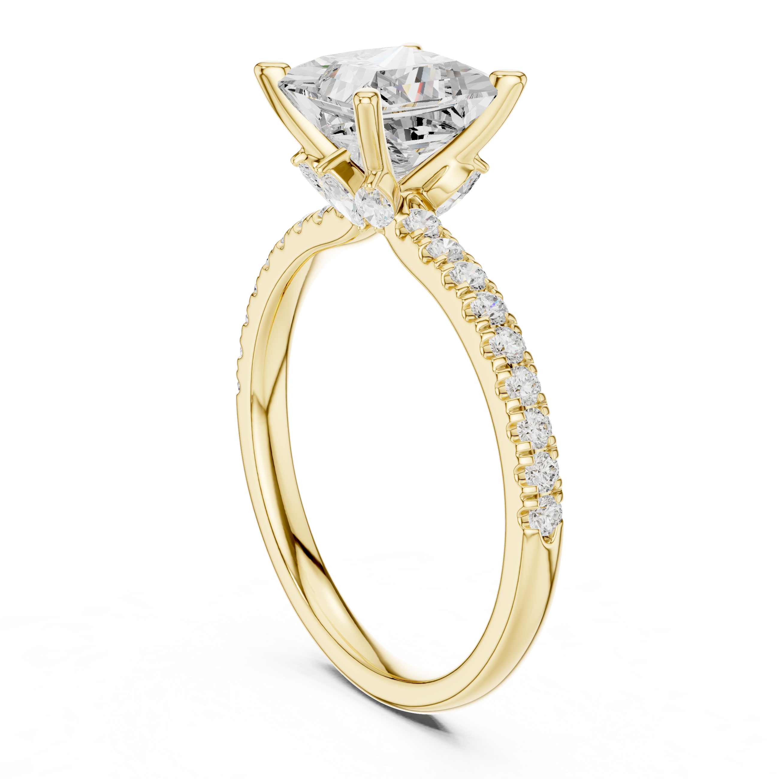 Princess Cut Solitaire Engagement Ring with Hidden Marquise Accent Gallery and Pavé Diamond Band