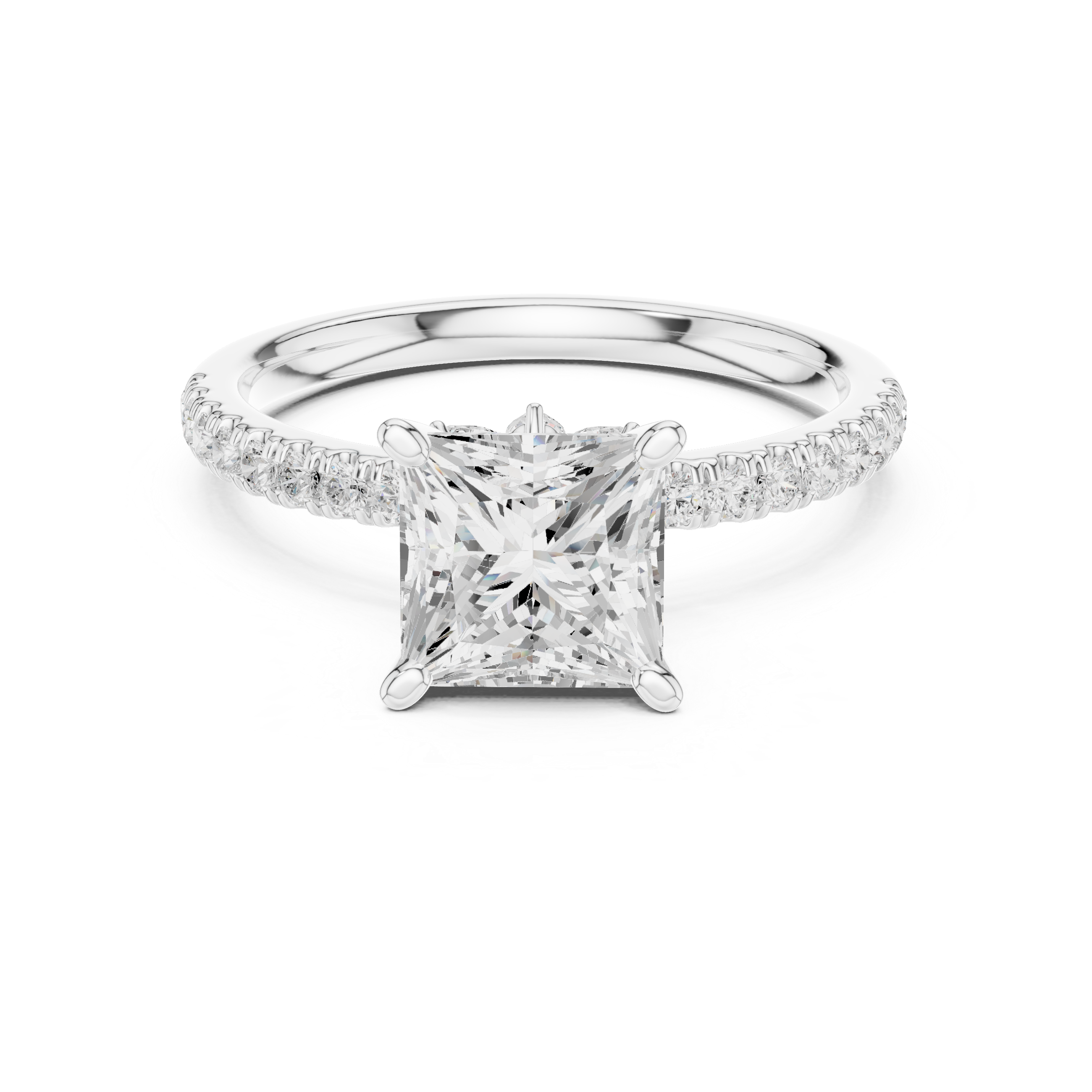 Princess Cut Solitaire Engagement Ring with Hidden Marquise Accent Gallery and Pavé Diamond Band
