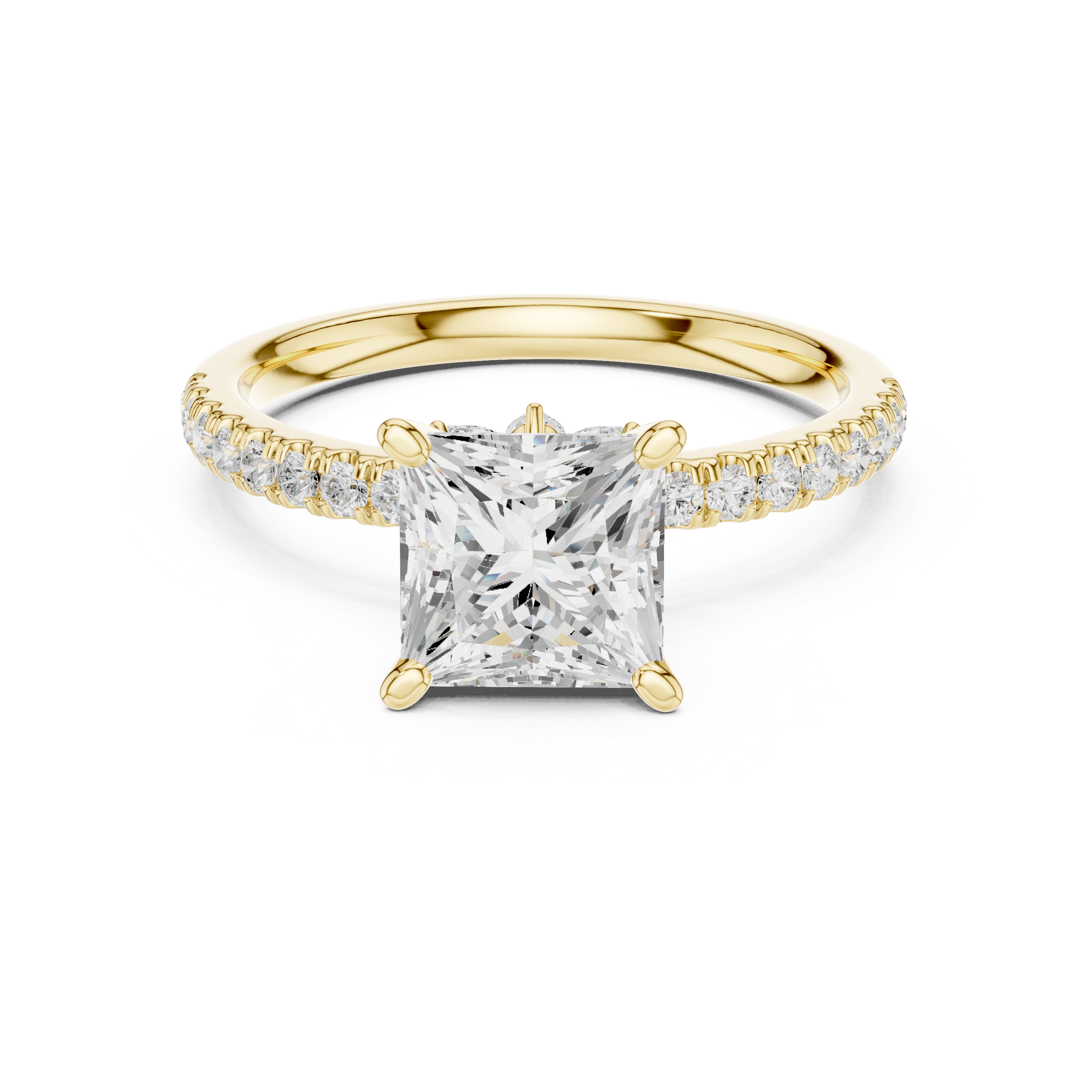 Princess Cut Solitaire Engagement Ring with Hidden Marquise Accent Gallery and Pavé Diamond Band