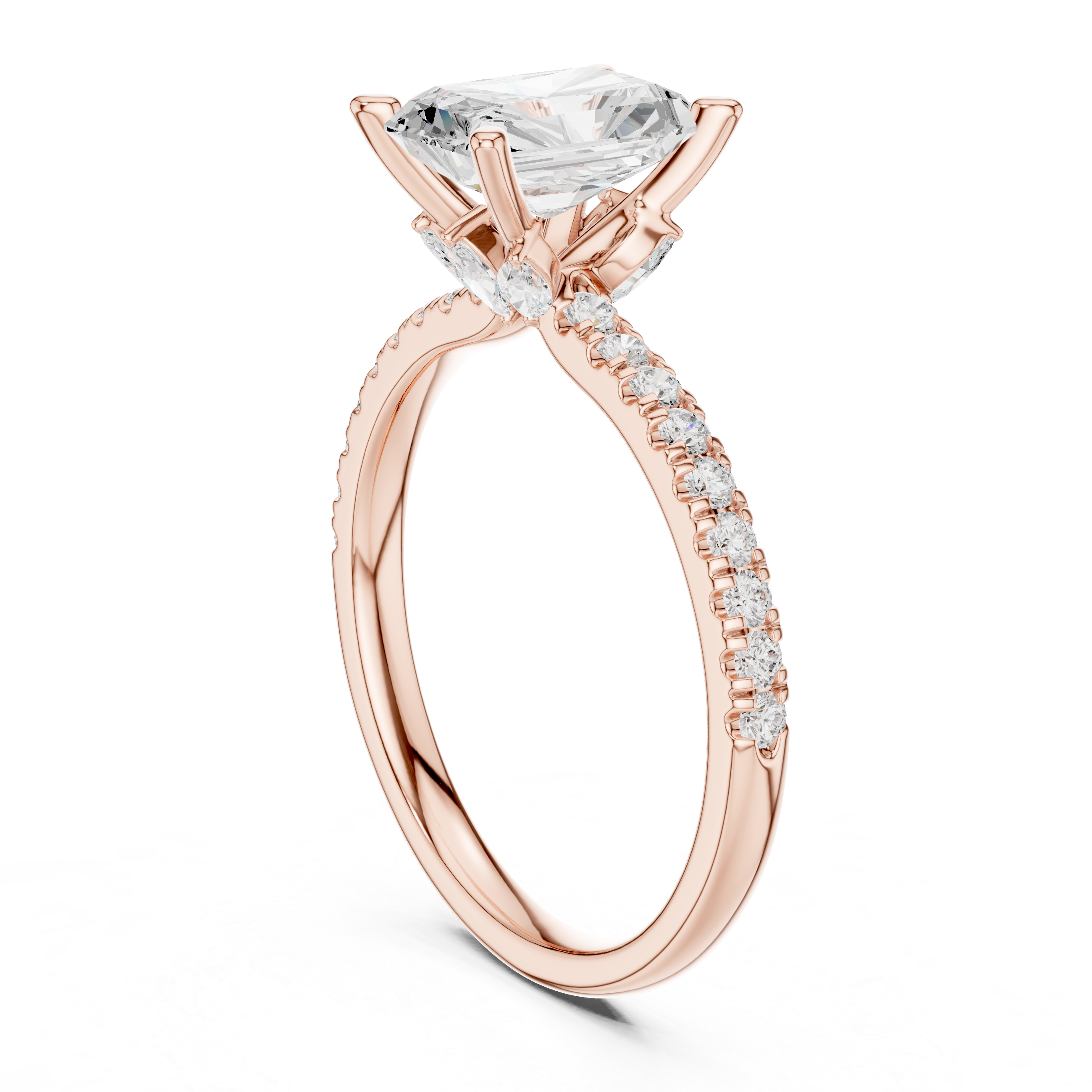 Radiant Cut Solitaire Engagement Ring with Hidden Marquise Accent Gallery and Pavé Diamond Band