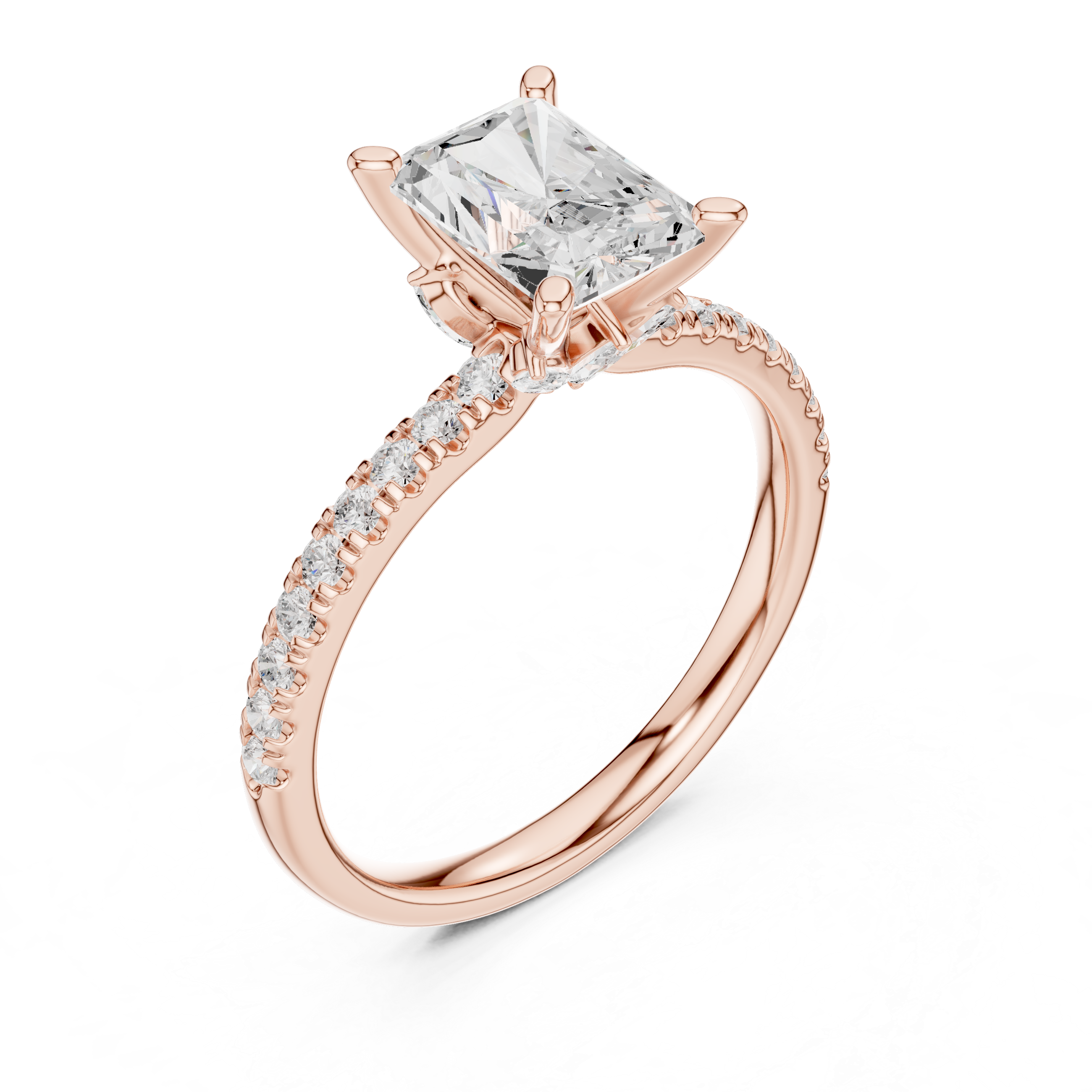 Radiant Cut Solitaire Engagement Ring with Hidden Marquise Accent Gallery and Pavé Diamond Band