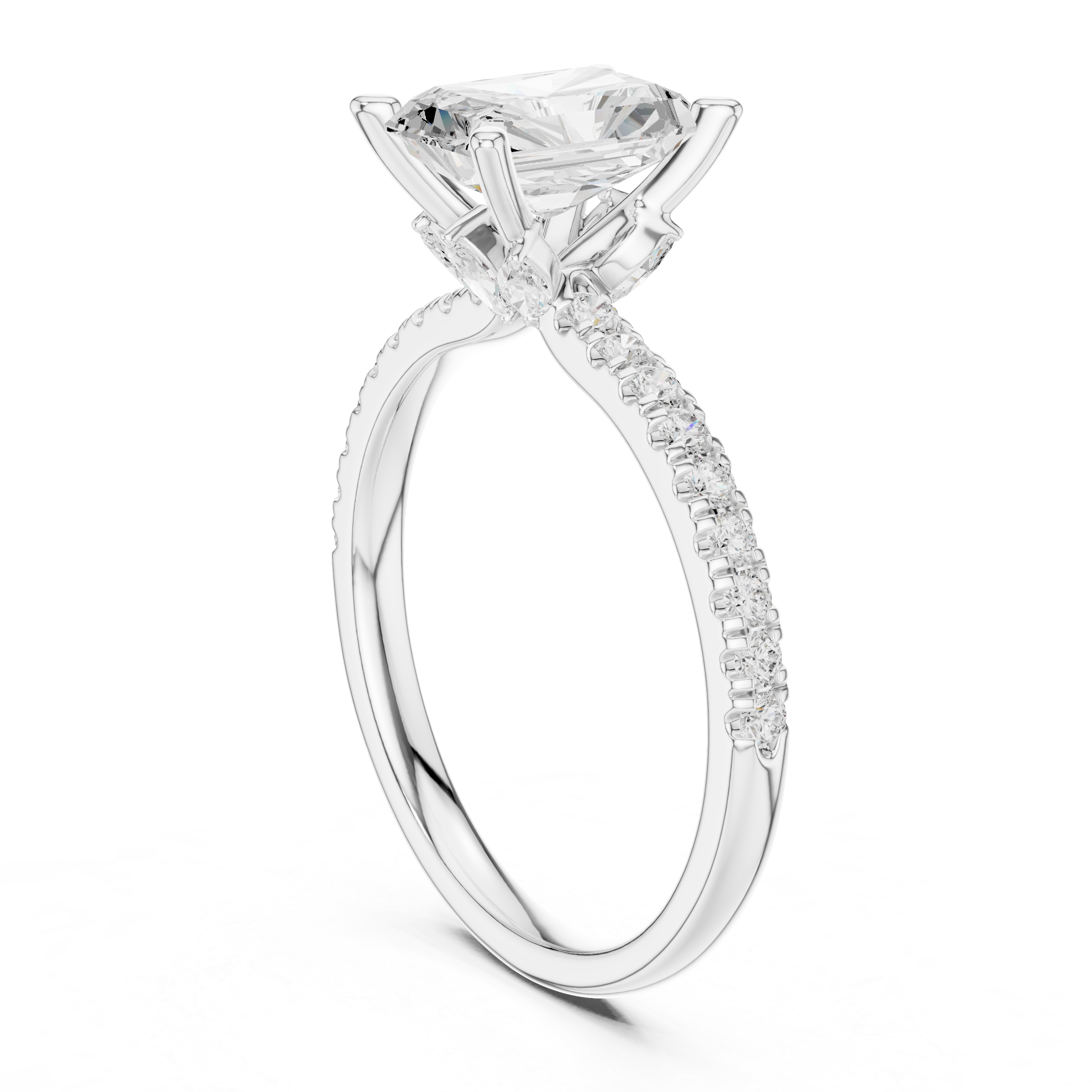 Radiant Cut Solitaire Engagement Ring with Hidden Marquise Accent Gallery and Pavé Diamond Band
