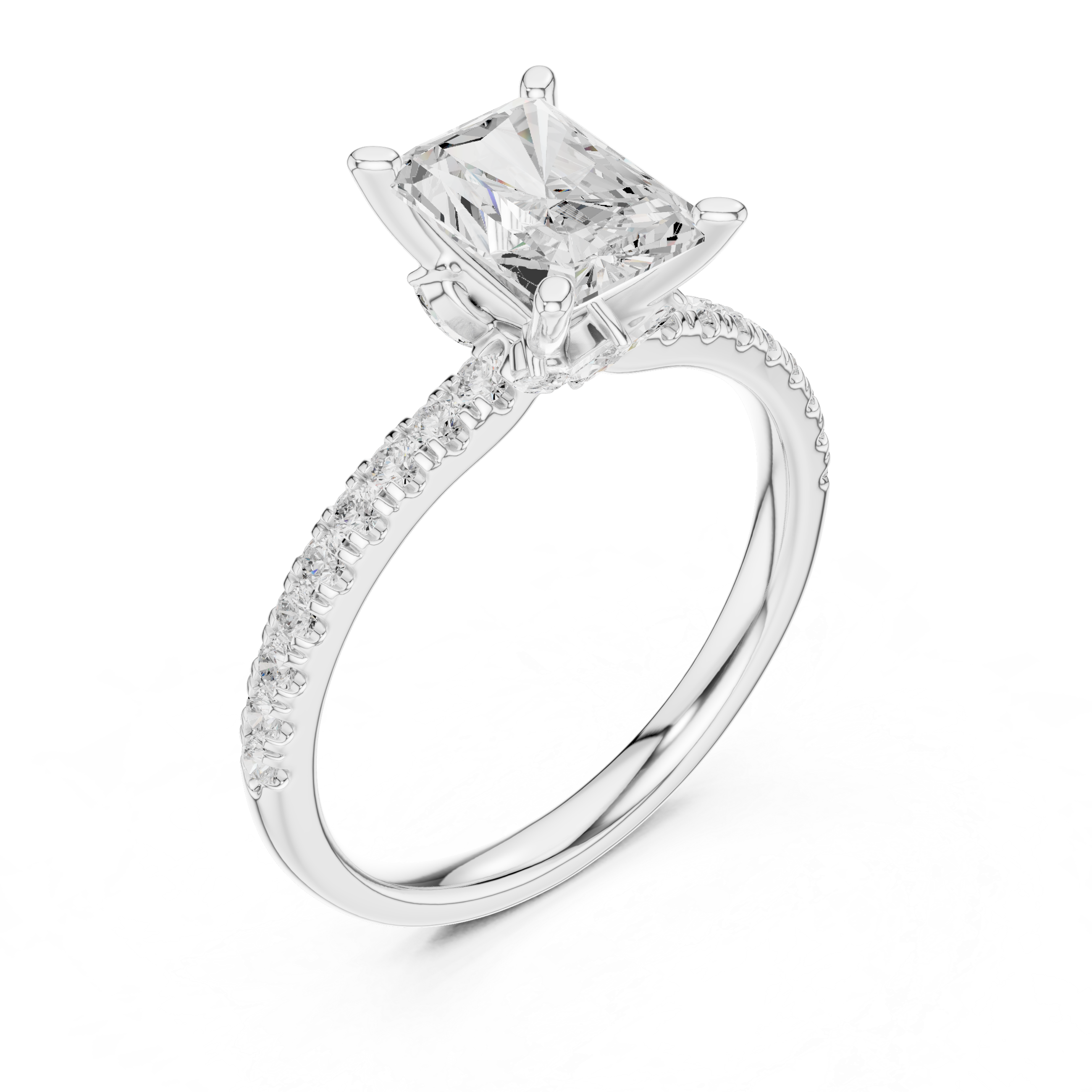 Radiant Cut Solitaire Engagement Ring with Hidden Marquise Accent Gallery and Pavé Diamond Band