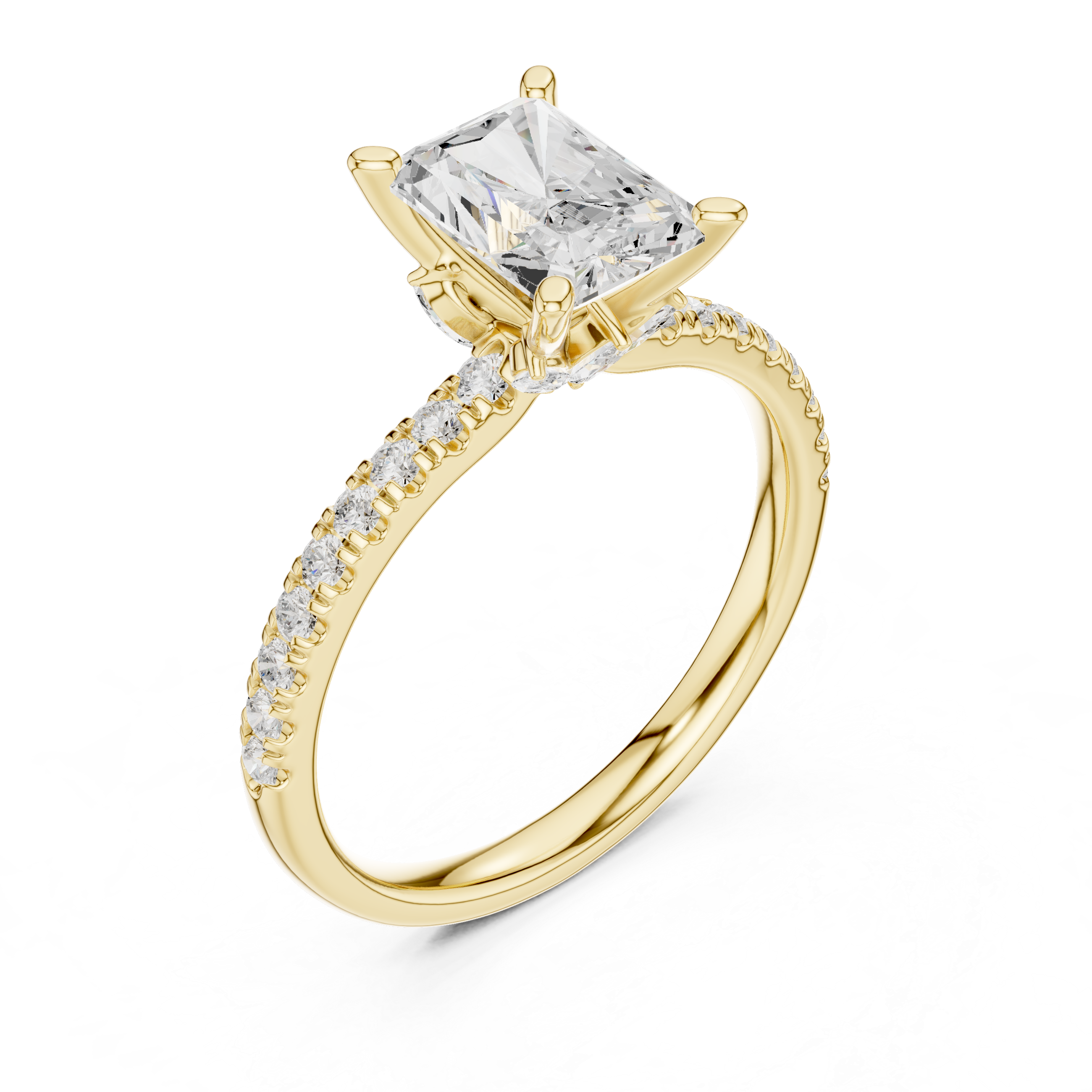 Radiant Cut Solitaire Engagement Ring with Hidden Marquise Accent Gallery and Pavé Diamond Band