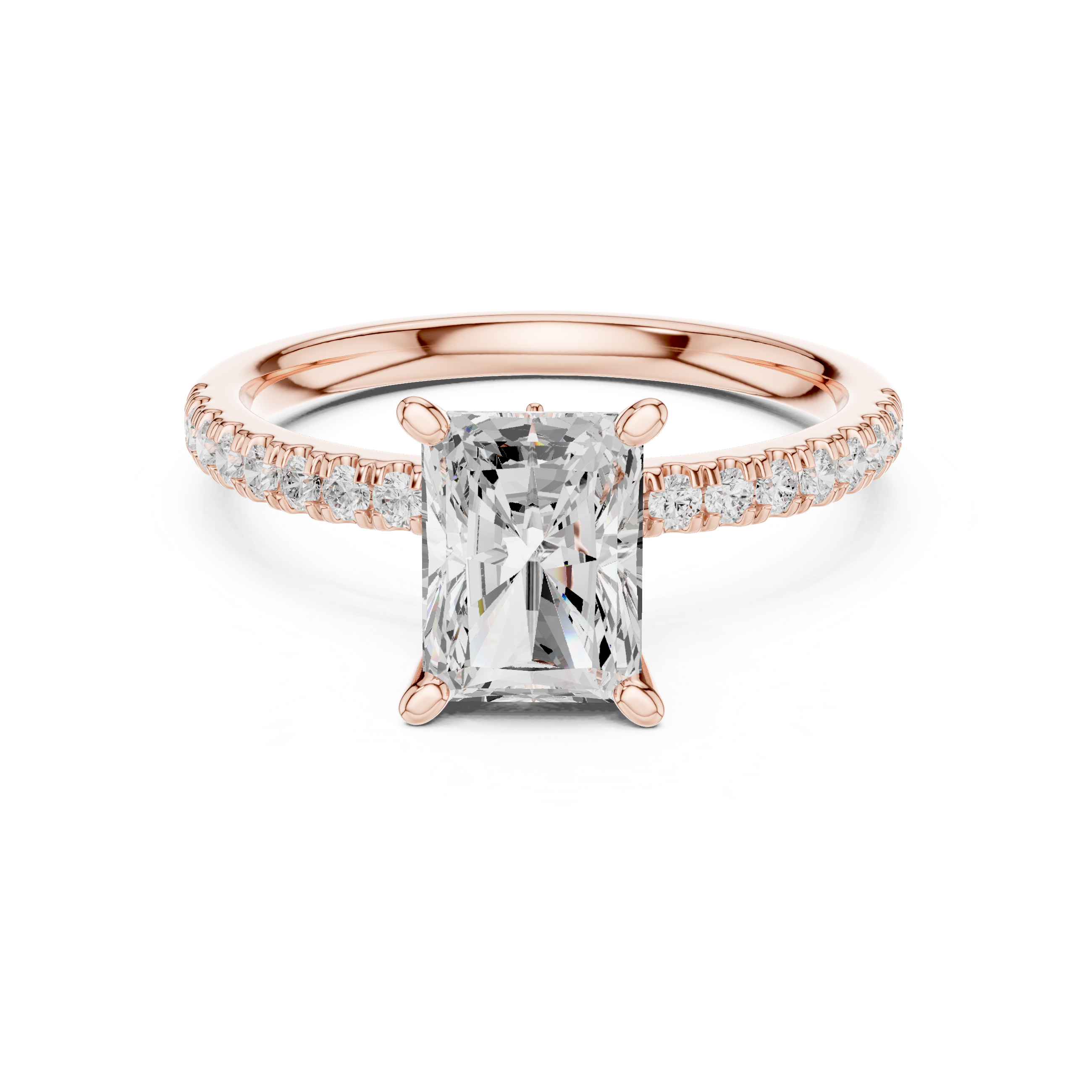 Radiant Cut Solitaire Engagement Ring with Hidden Marquise Accent Gallery and Pavé Diamond Band