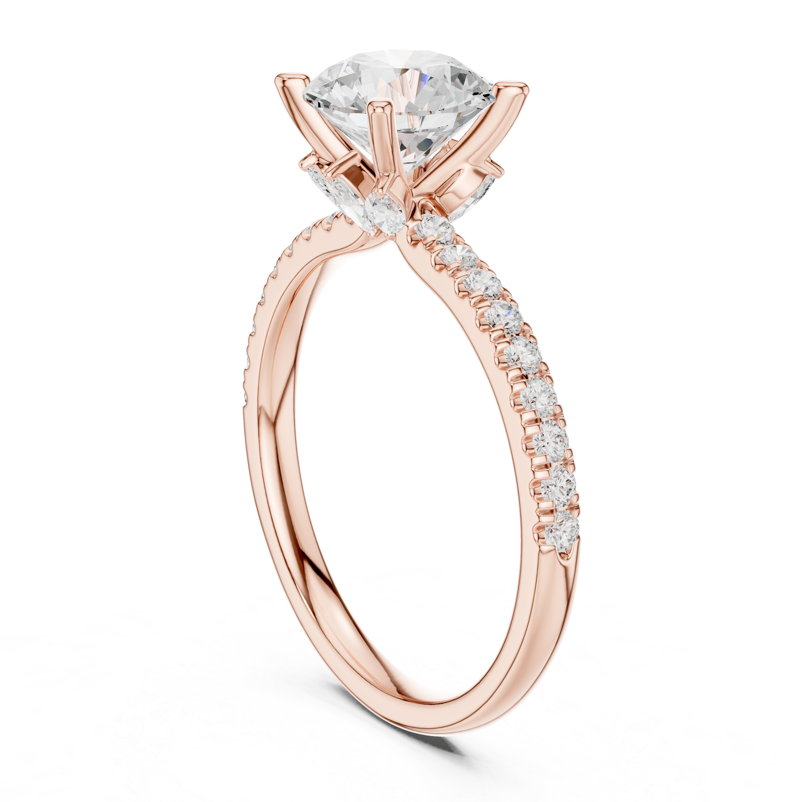 Round Cut Solitaire Engagement Ring with Hidden Marquise Accent Gallery and Pavé Diamond Band