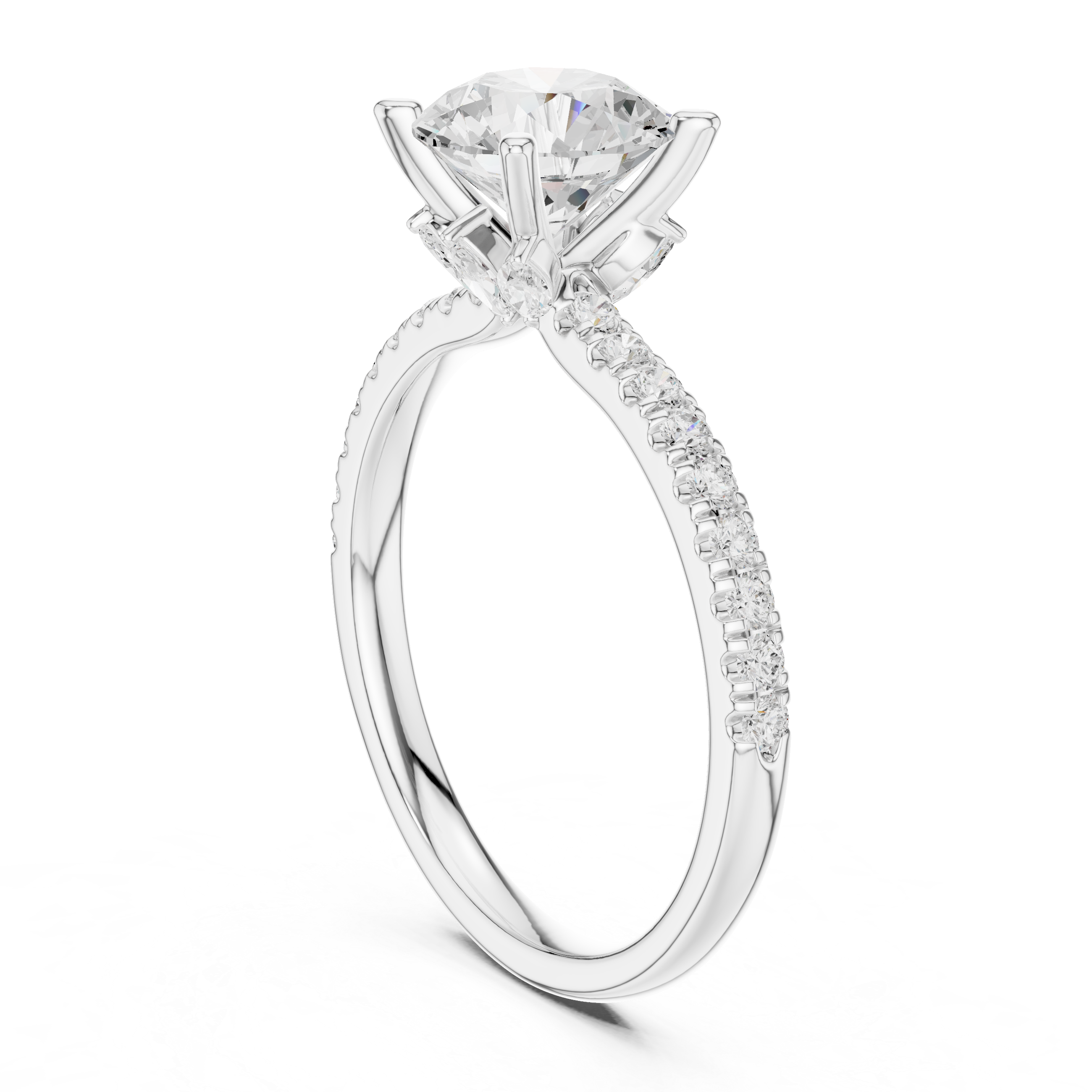Round Cut Solitaire Engagement Ring with Hidden Marquise Accent Gallery and Pavé Diamond Band