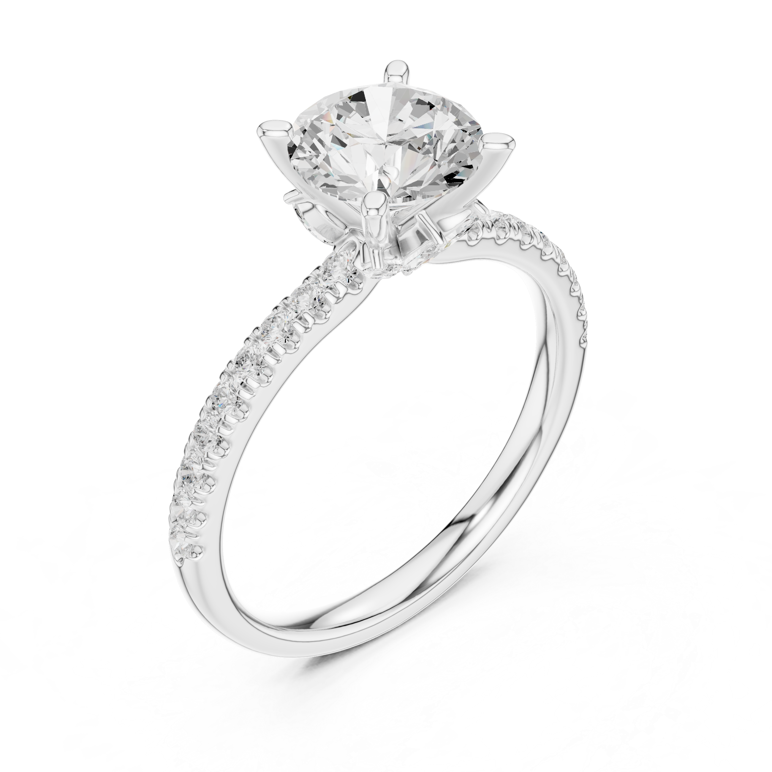 Round Cut Solitaire Engagement Ring with Hidden Marquise Accent Gallery and Pavé Diamond Band