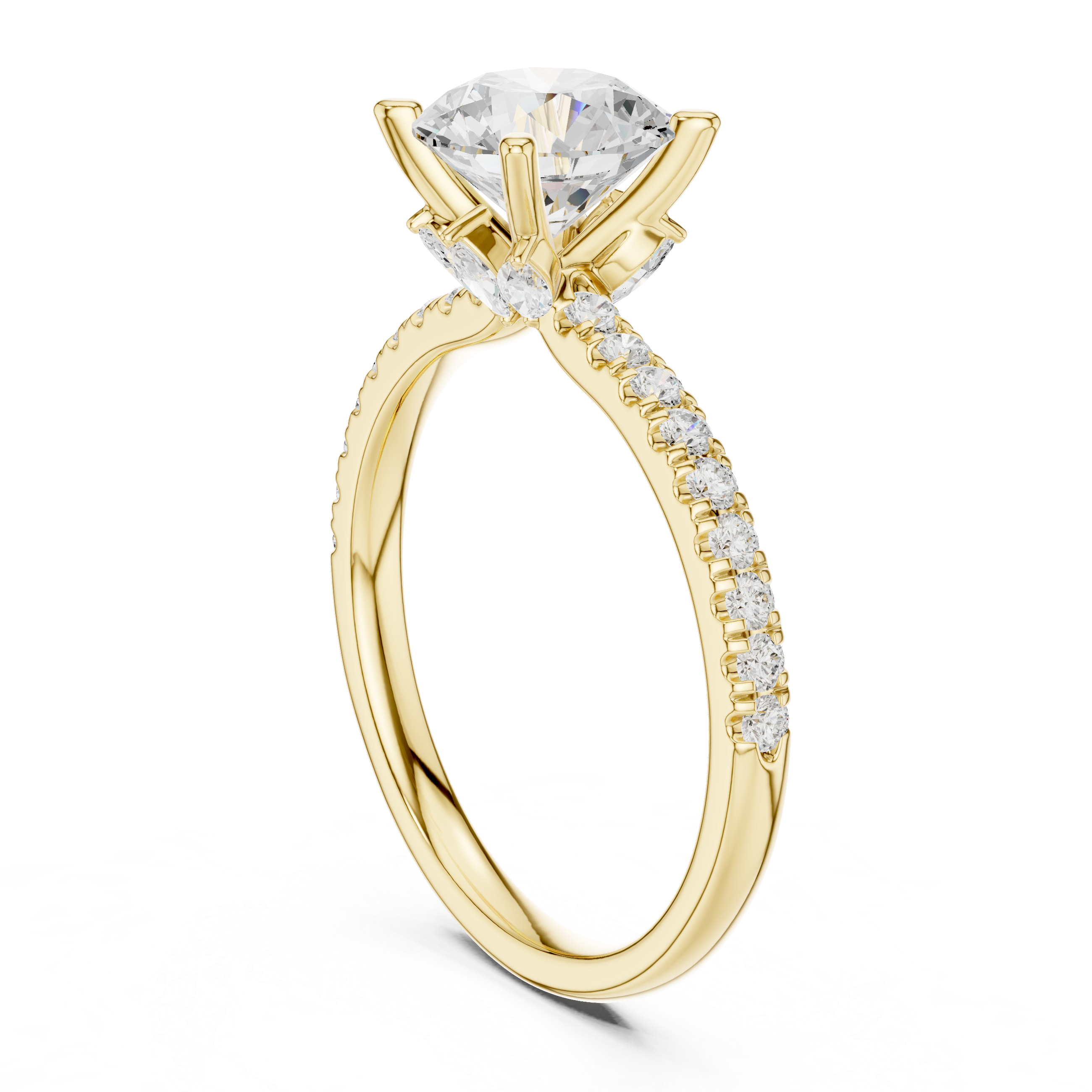Round Cut Solitaire Engagement Ring with Hidden Marquise Accent Gallery and Pavé Diamond Band