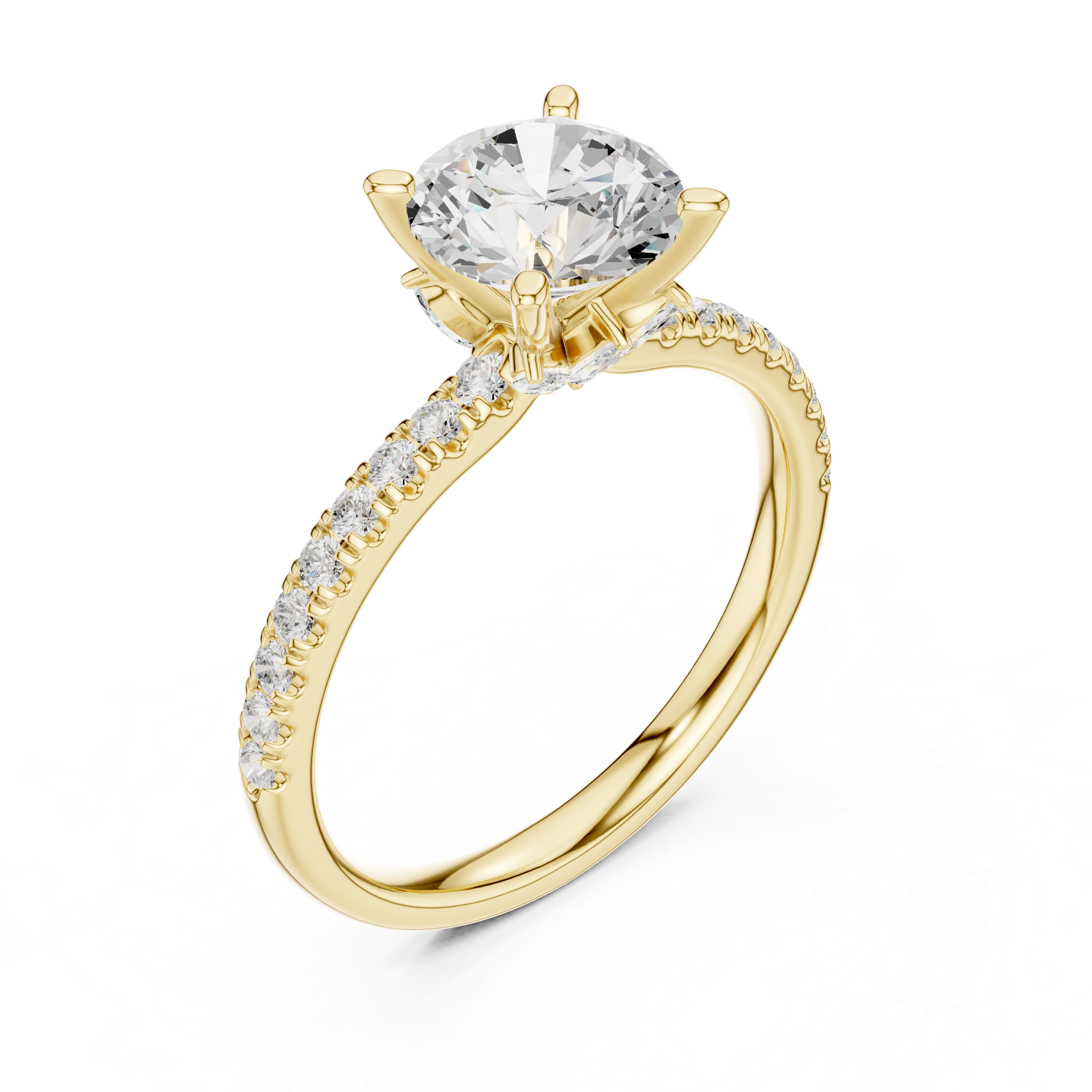 Round Cut Solitaire Engagement Ring with Hidden Marquise Accent Gallery and Pavé Diamond Band