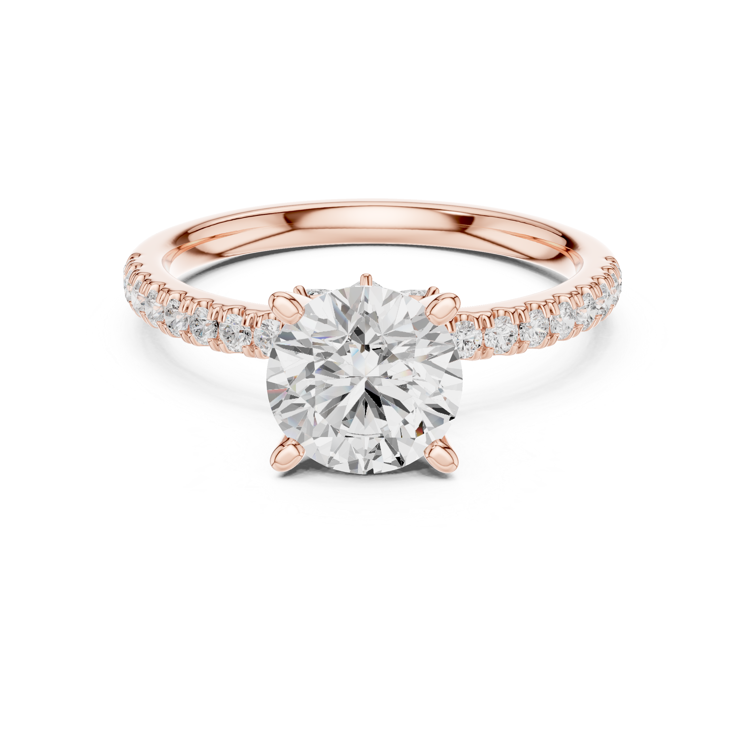 Round Cut Solitaire Engagement Ring with Hidden Marquise Accent Gallery and Pavé Diamond Band