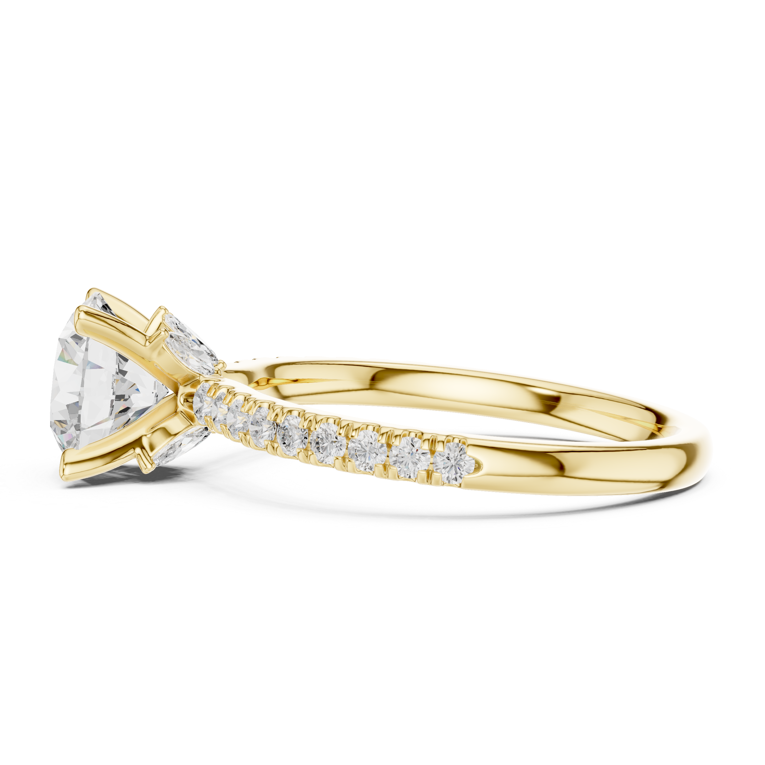 Round Cut Solitaire Engagement Ring with Hidden Marquise Accent Gallery and Pavé Diamond Band