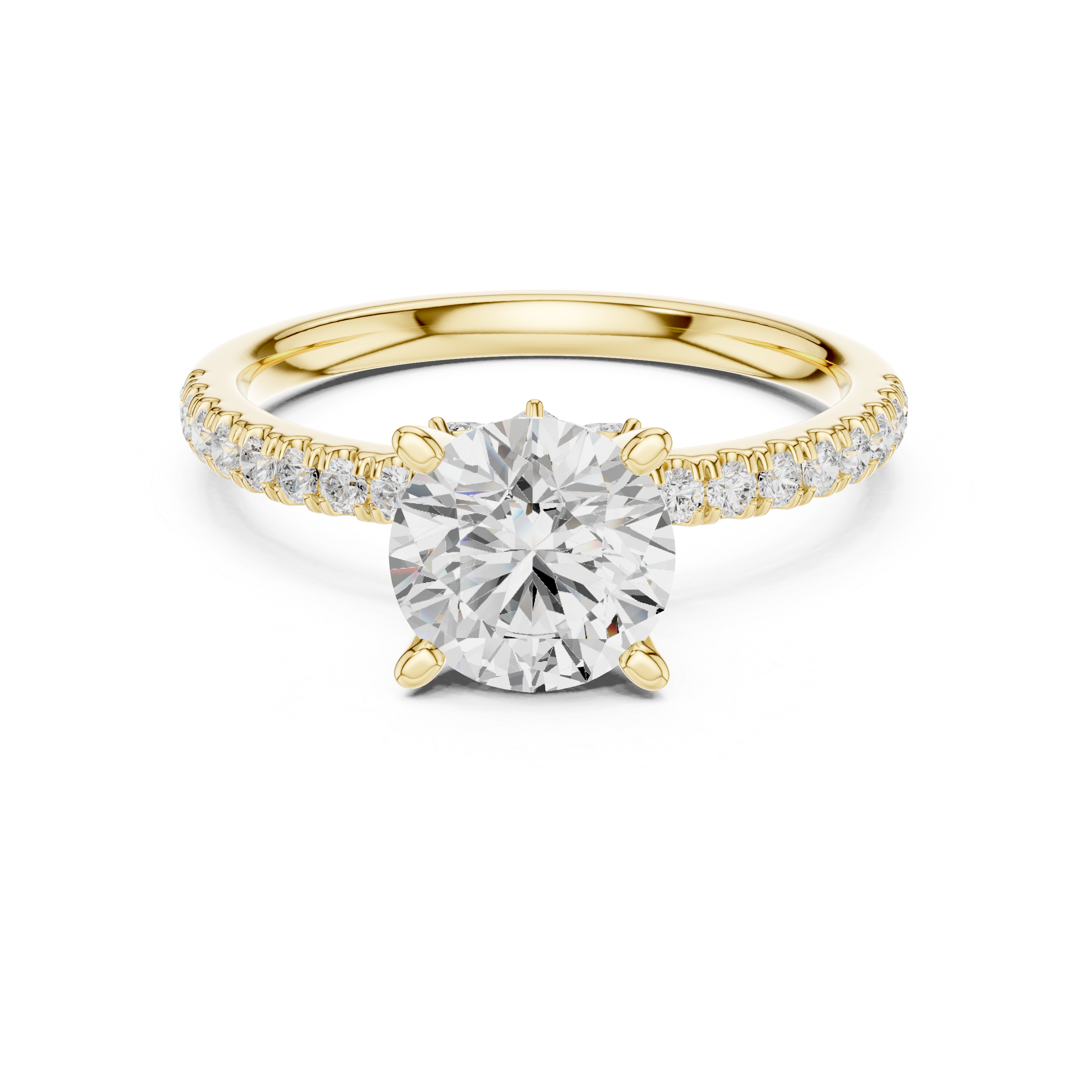 Round Cut Solitaire Engagement Ring with Hidden Marquise Accent Gallery and Pavé Diamond Band