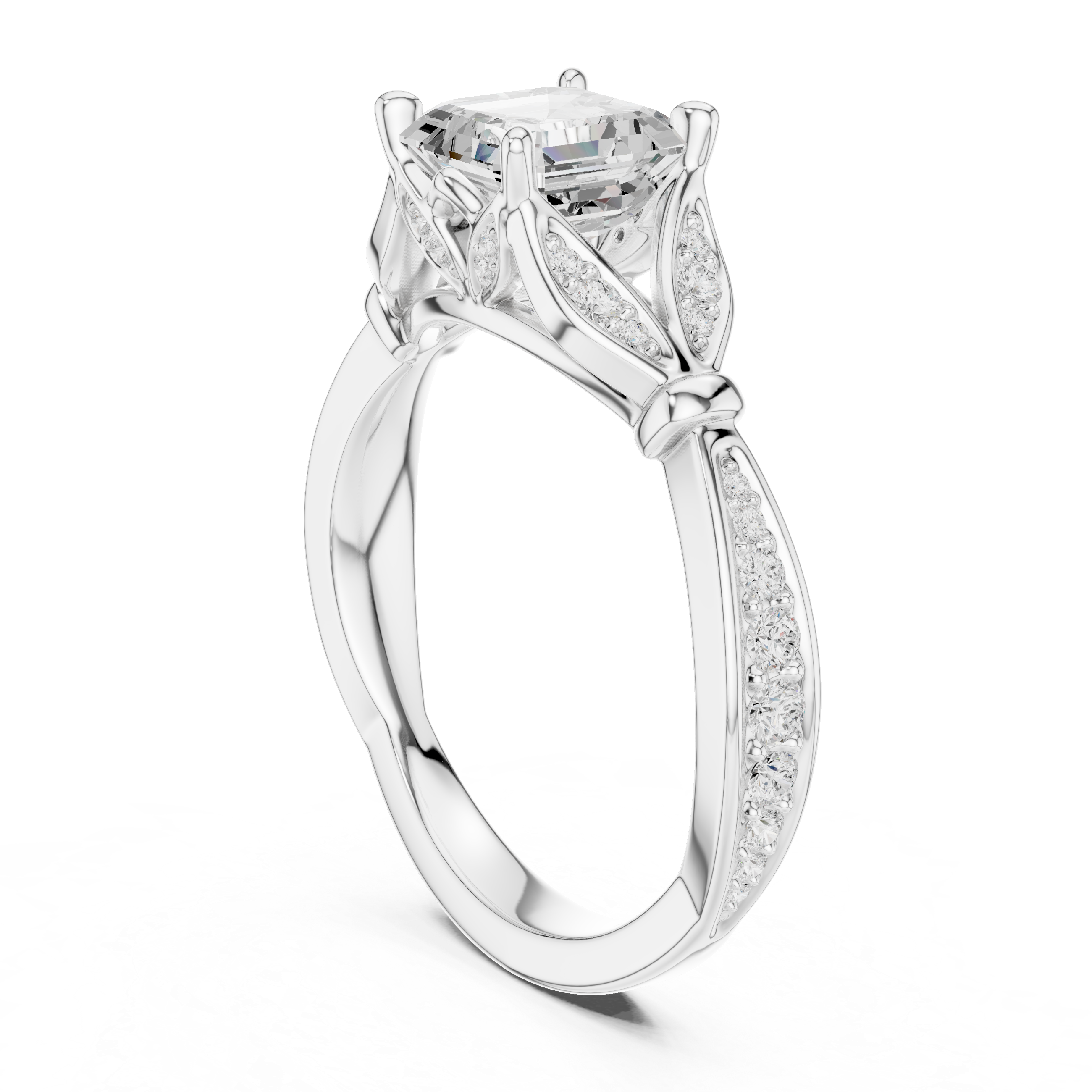 Asscher Cut Vintage Inspired Engagement Ring with Leaf Motif Pavé Diamond Band