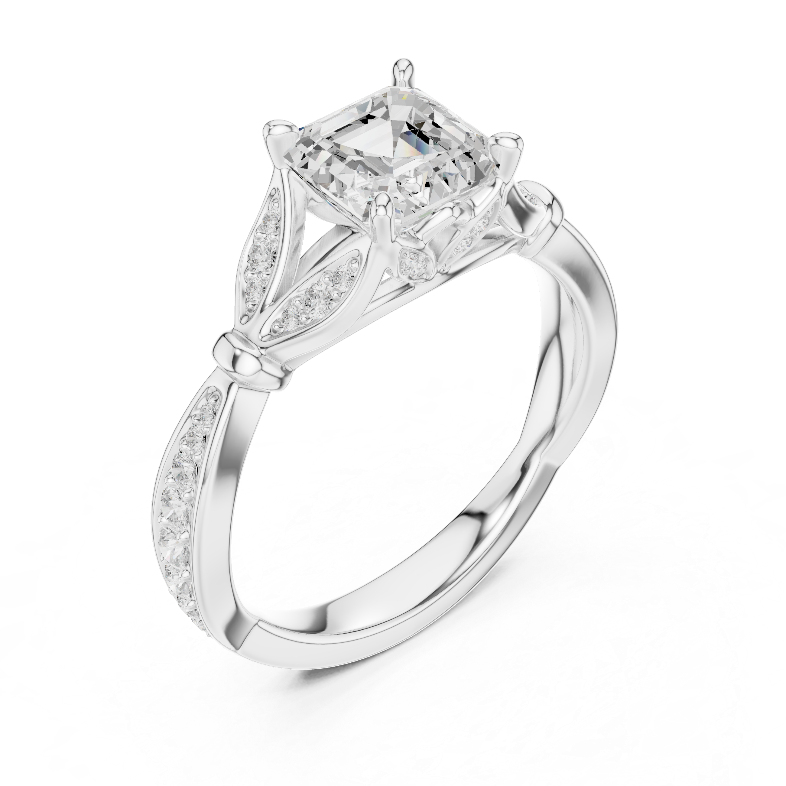 Asscher Cut Vintage Inspired Engagement Ring with Leaf Motif Pavé Diamond Band