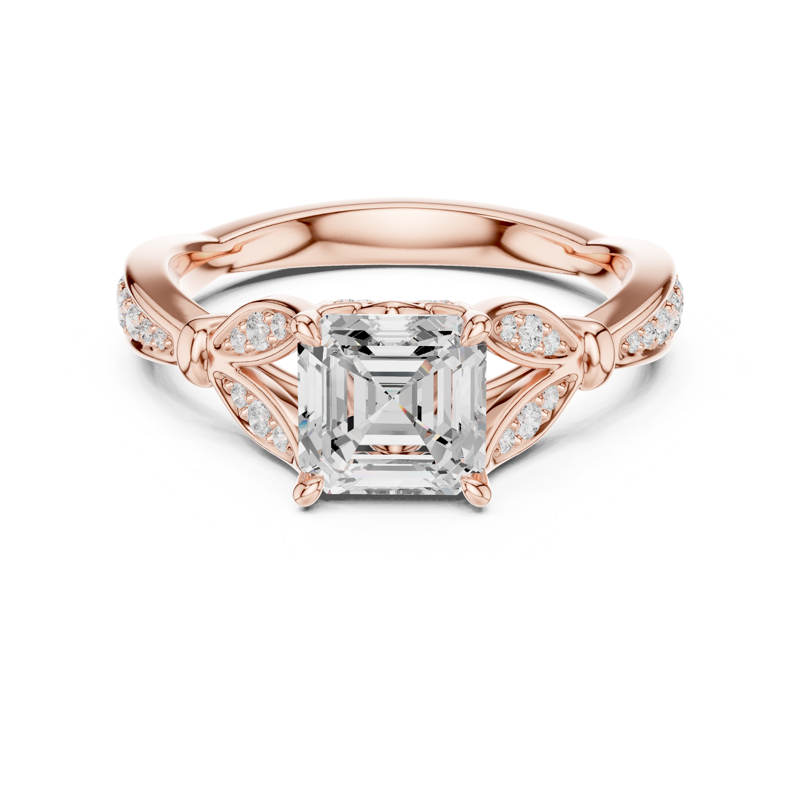 Asscher Cut Vintage Inspired Engagement Ring with Leaf Motif Pavé Diamond Band