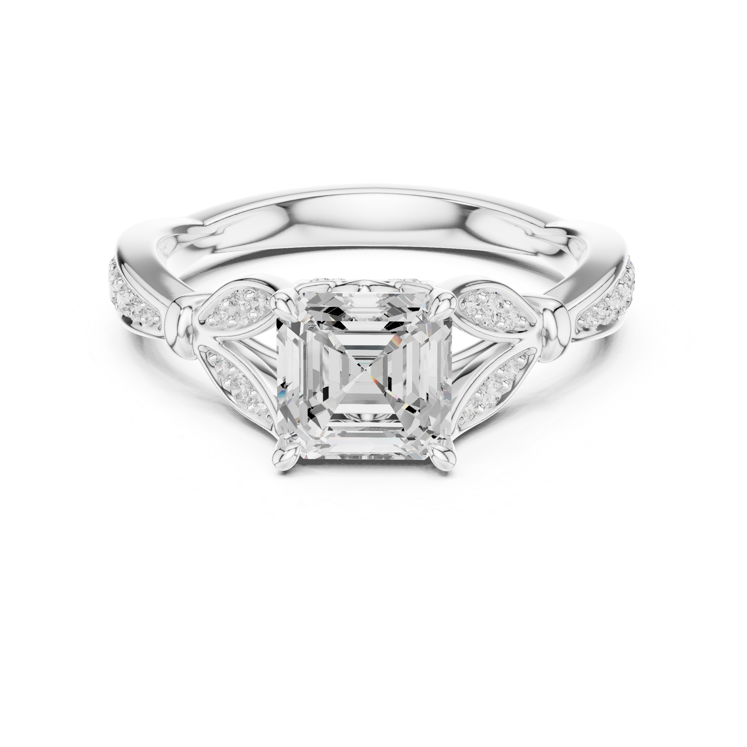 Asscher Cut Vintage Inspired Engagement Ring with Leaf Motif Pavé Diamond Band