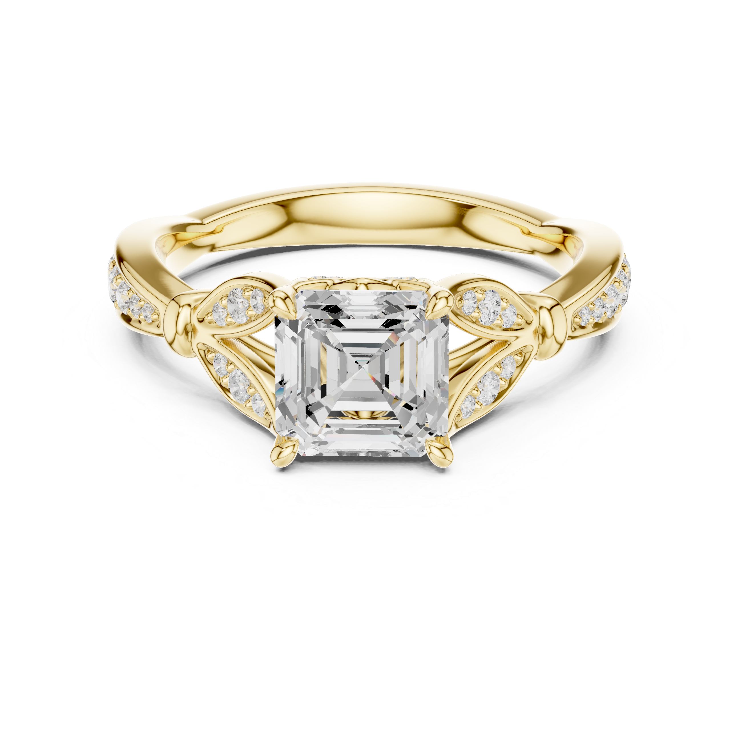 Asscher Cut Vintage Inspired Engagement Ring with Leaf Motif Pavé Diamond Band
