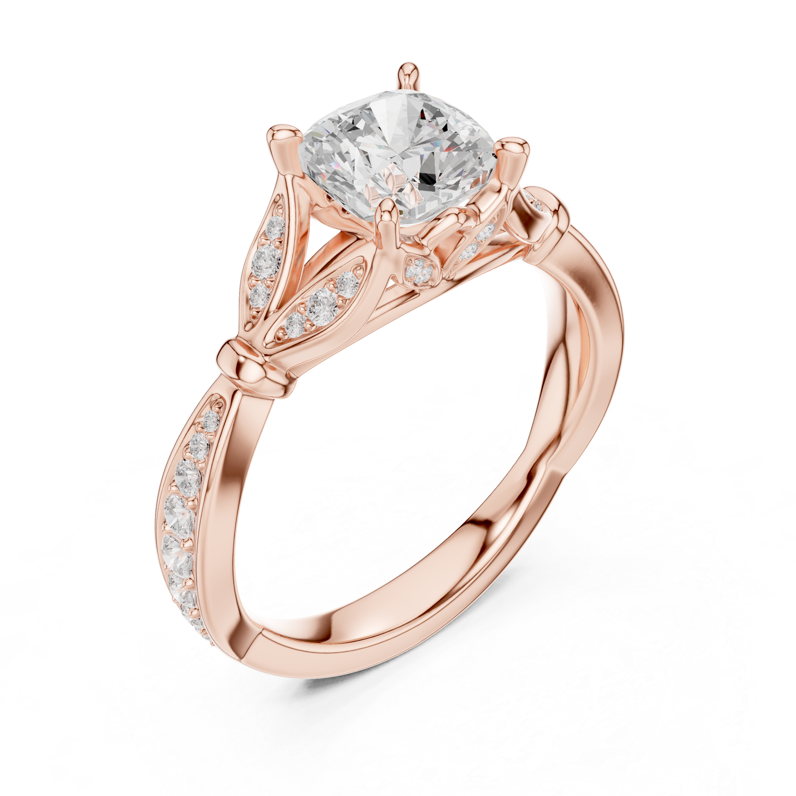 Cushion Cut Vintage Inspired Engagement Ring with Leaf Detail Pavé Diamond Band
