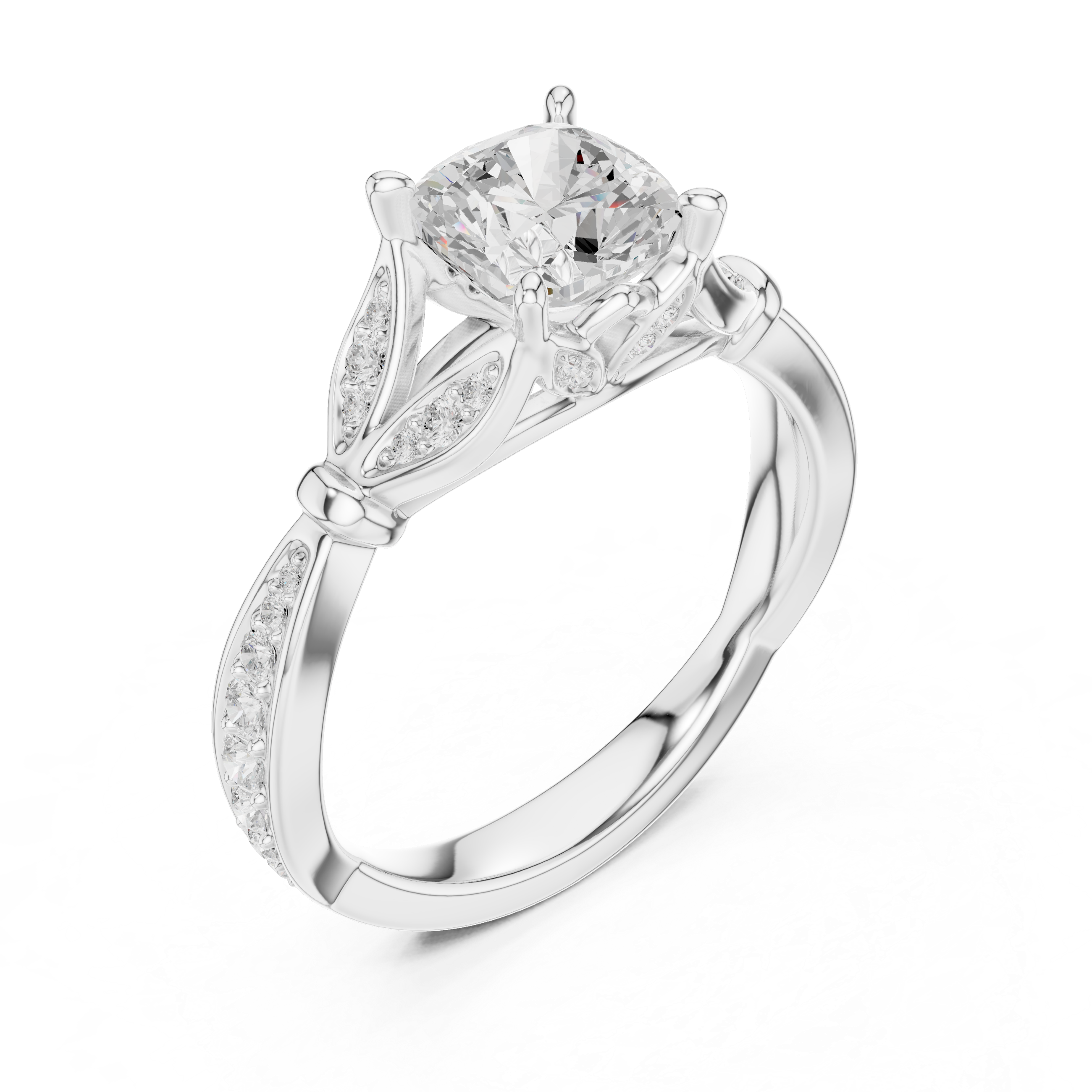 Cushion Cut Vintage Inspired Engagement Ring with Leaf Detail Pavé Diamond Band