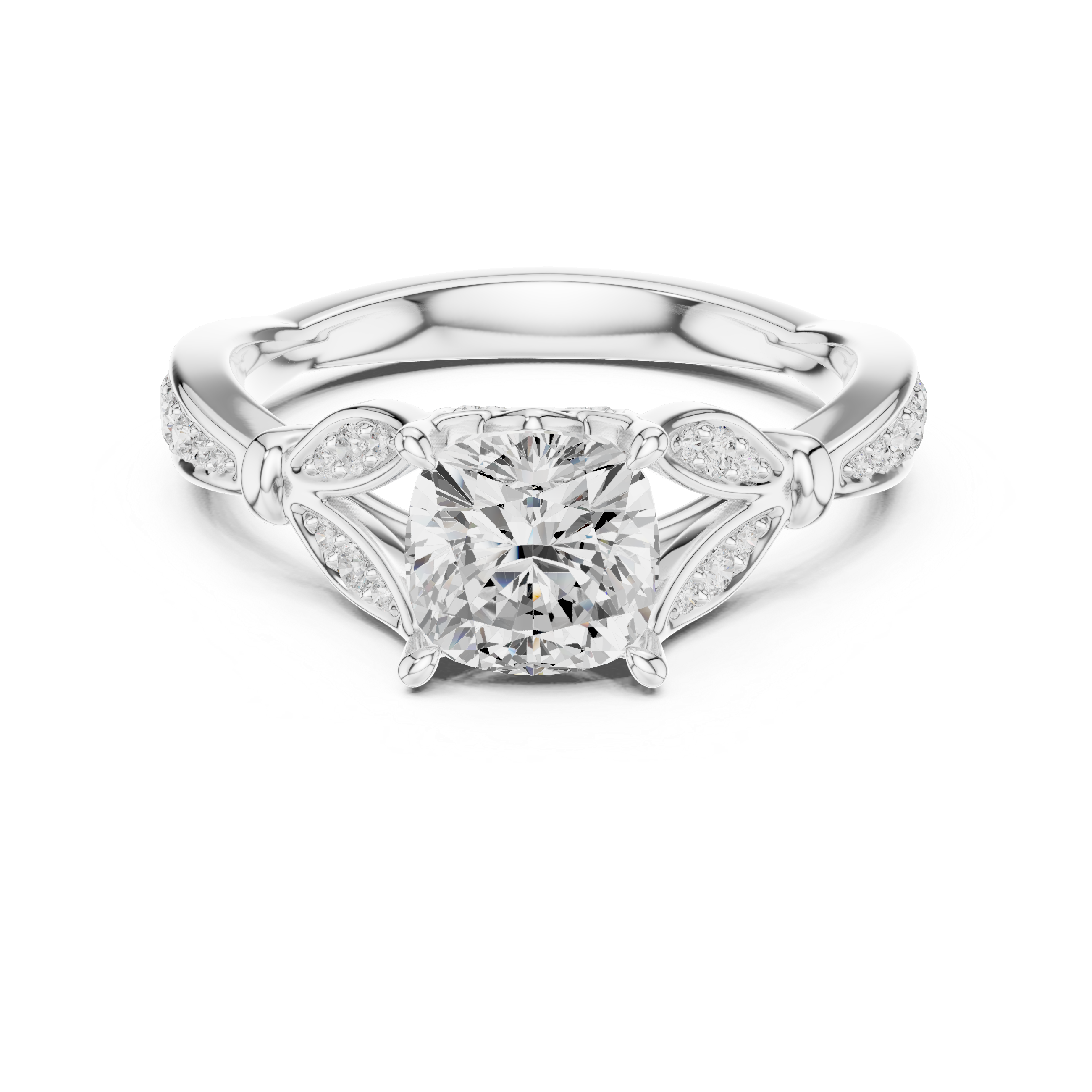 Cushion Cut Vintage Inspired Engagement Ring with Leaf Detail Pavé Diamond Band