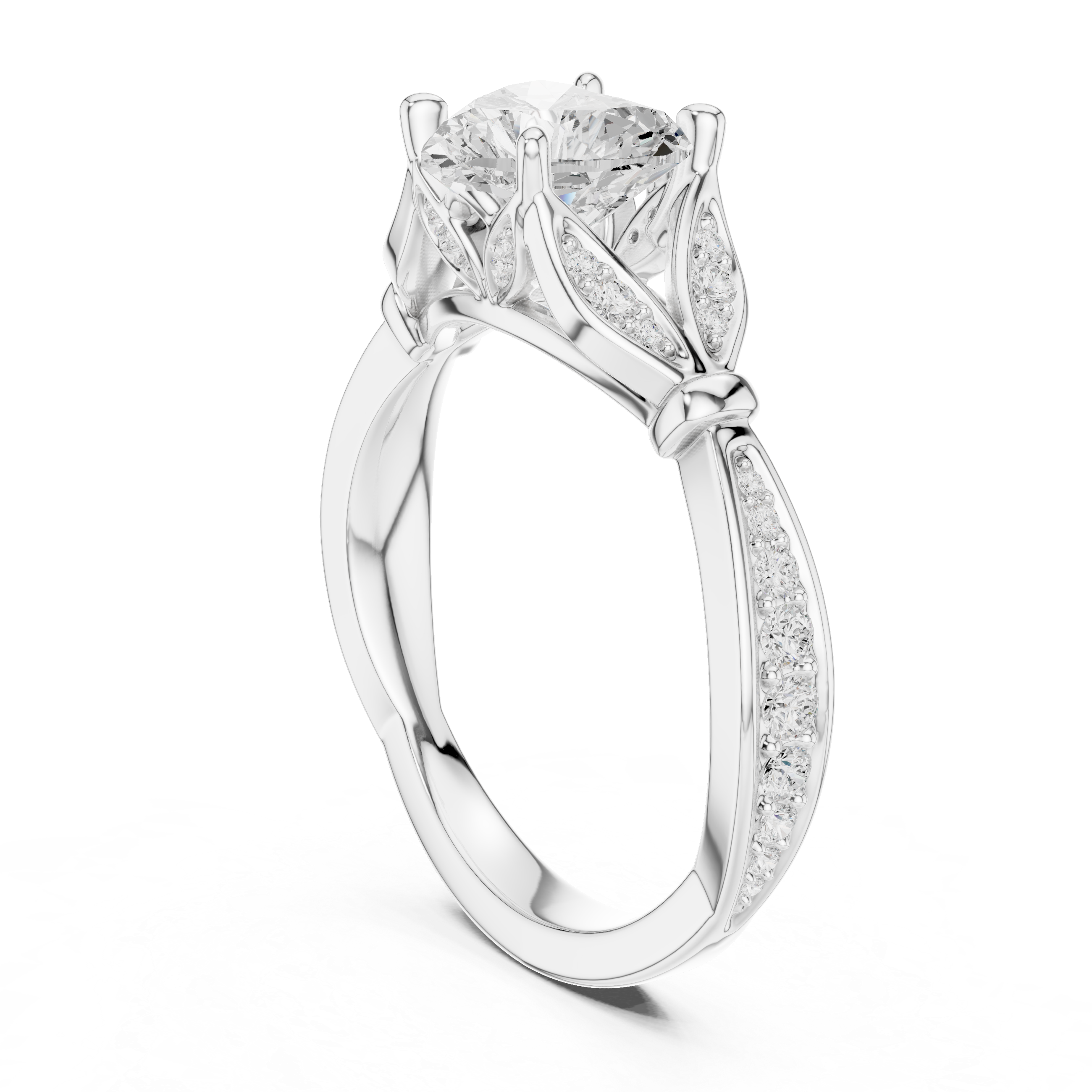 Heart Cut Vintage Inspired Engagement Ring with Leaf Motif Pavé Diamond Band