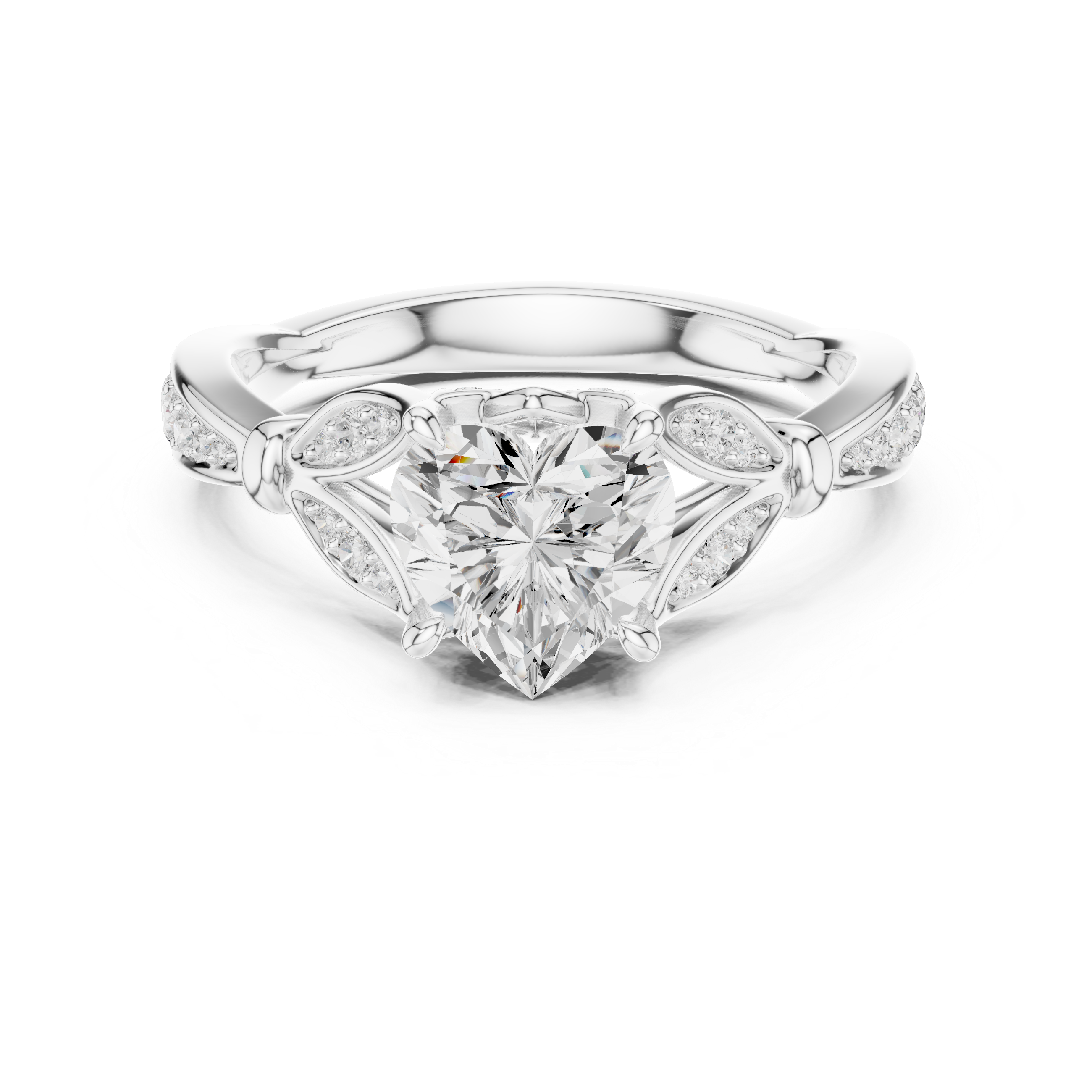 Heart Cut Vintage Inspired Engagement Ring with Leaf Motif Pavé Diamond Band
