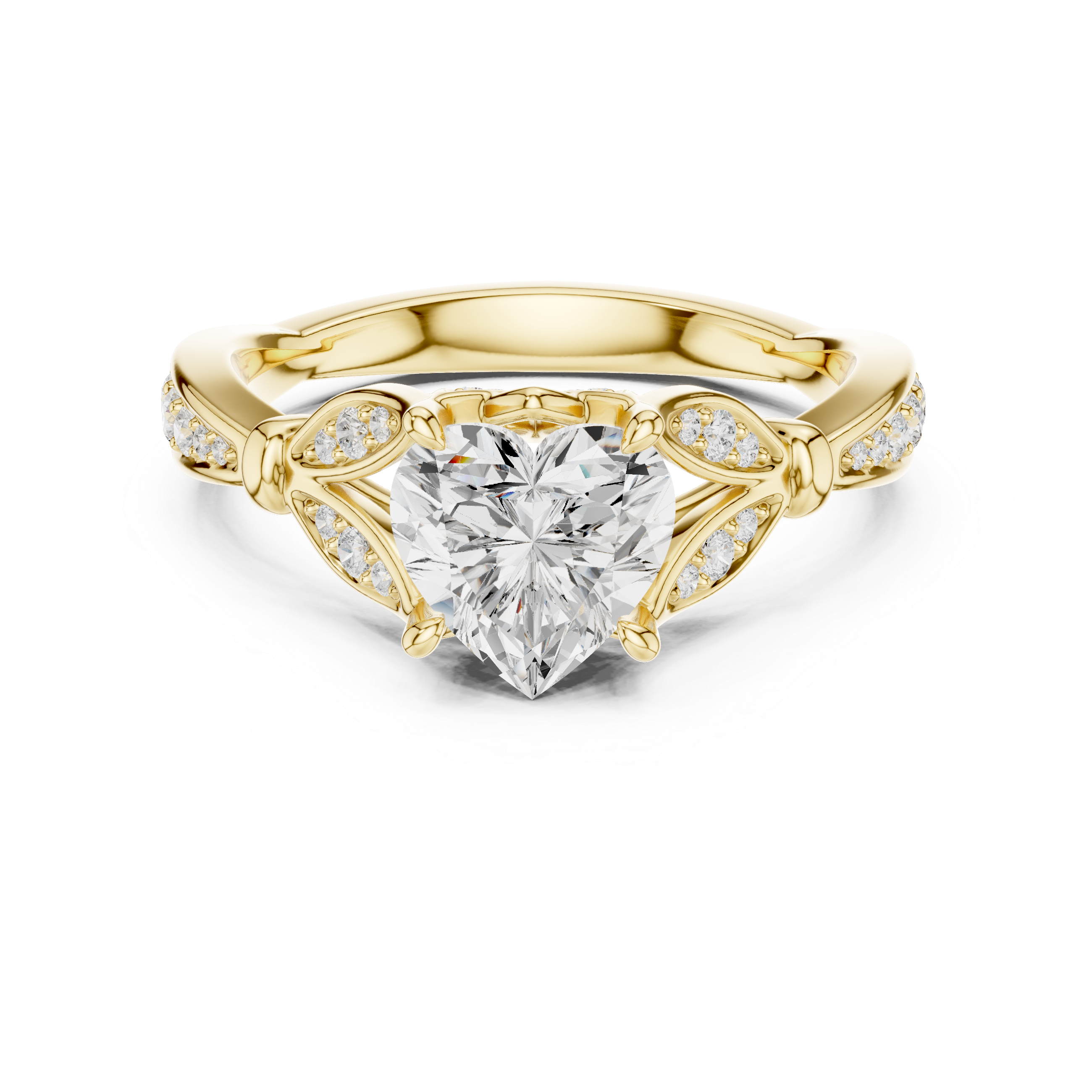 Heart Cut Vintage Inspired Engagement Ring with Leaf Motif Pavé Diamond Band