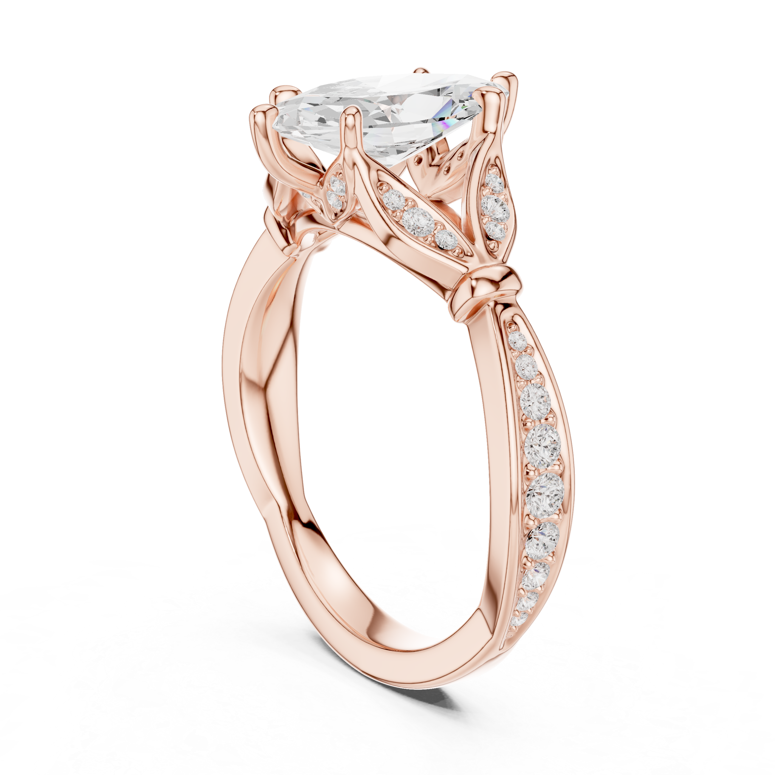 Marquise Cut Vintage Inspired Engagement Ring with Leaf Motif Pavé Diamond Band