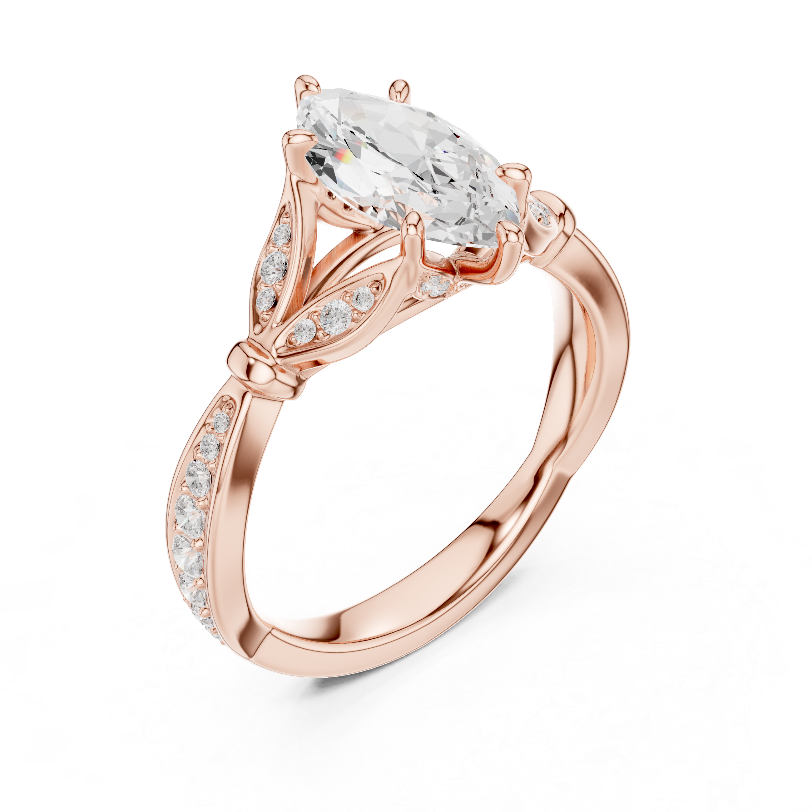 Marquise Cut Vintage Inspired Engagement Ring with Leaf Motif Pavé Diamond Band
