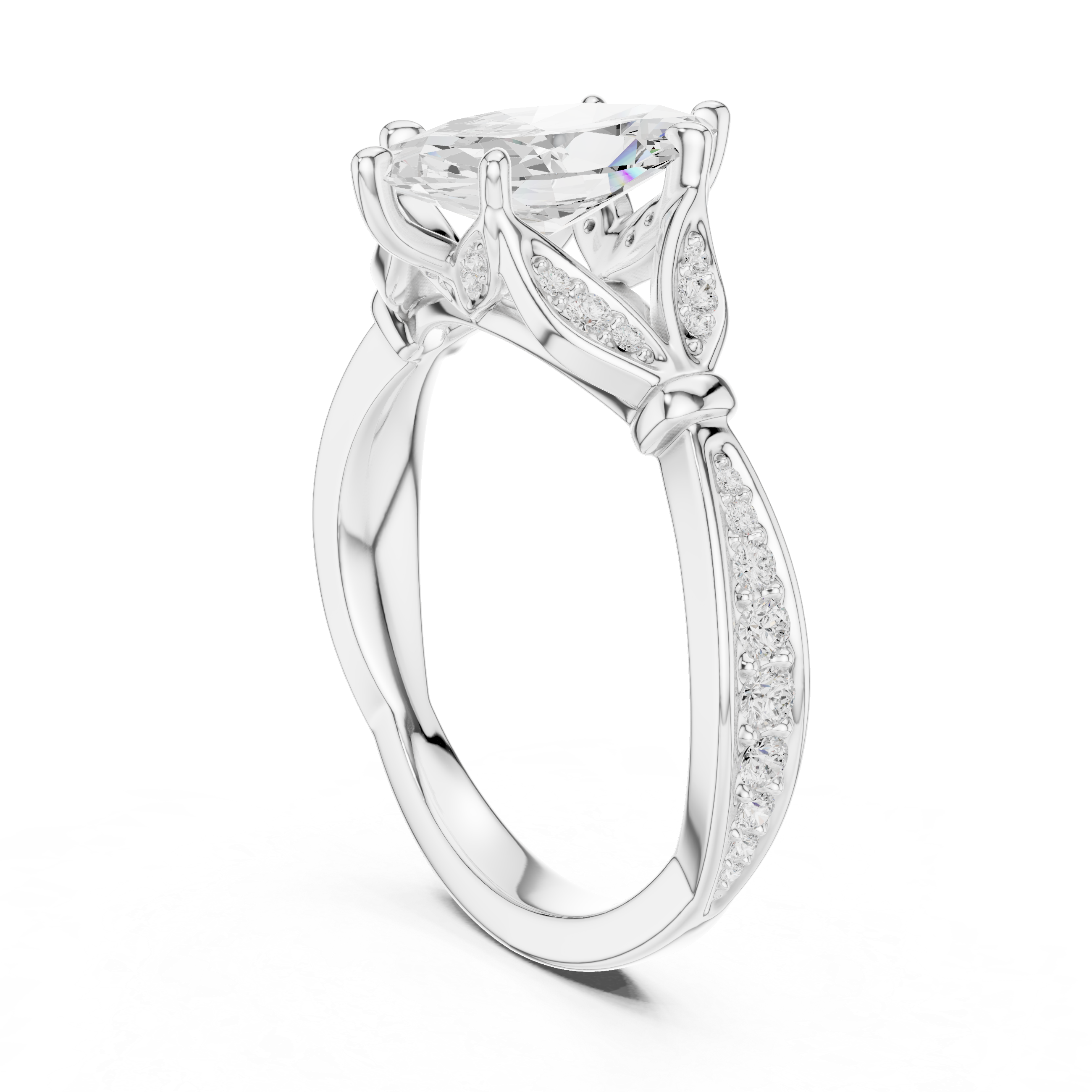 Marquise Cut Vintage Inspired Engagement Ring with Leaf Motif Pavé Diamond Band