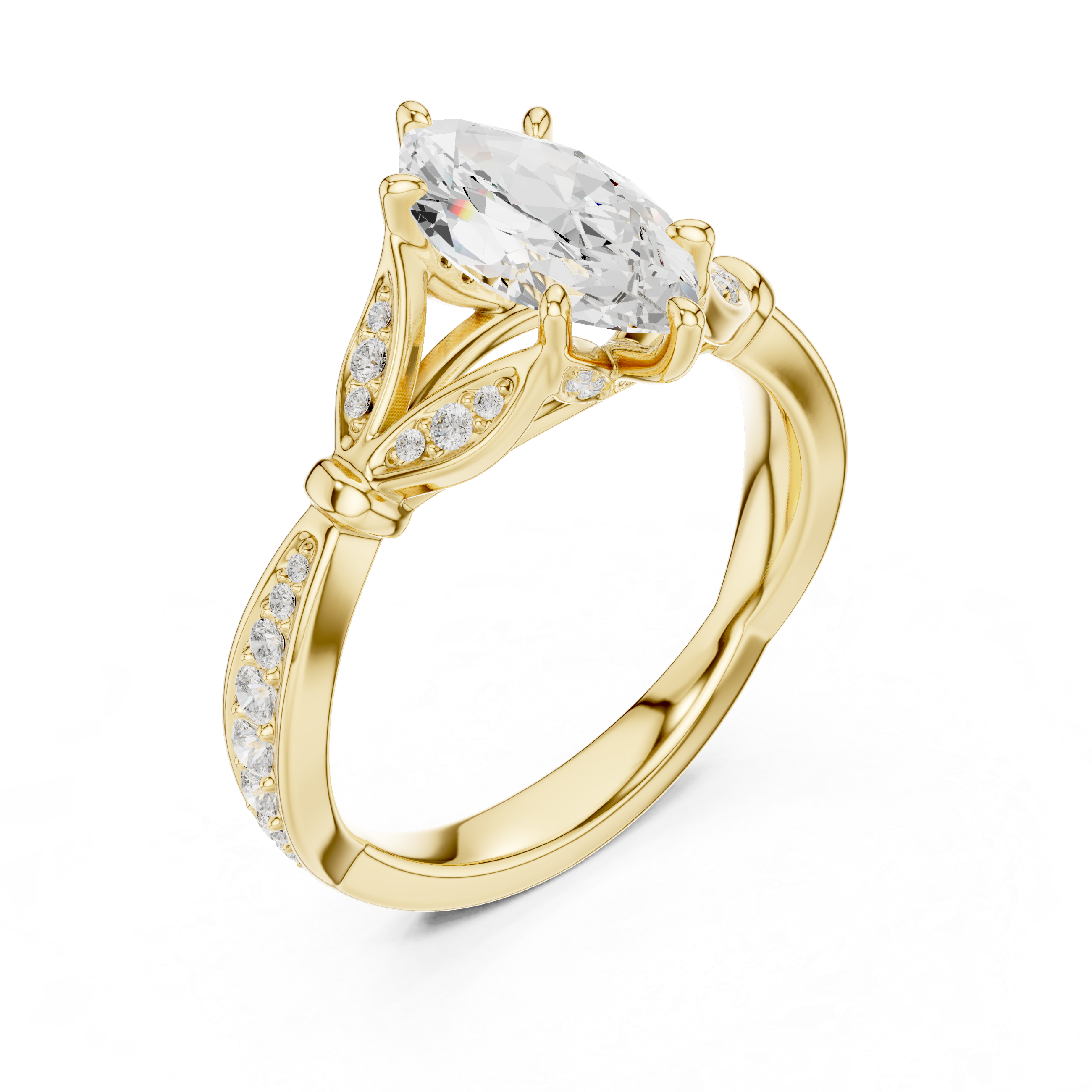 Marquise Cut Vintage Inspired Engagement Ring with Leaf Motif Pavé Diamond Band