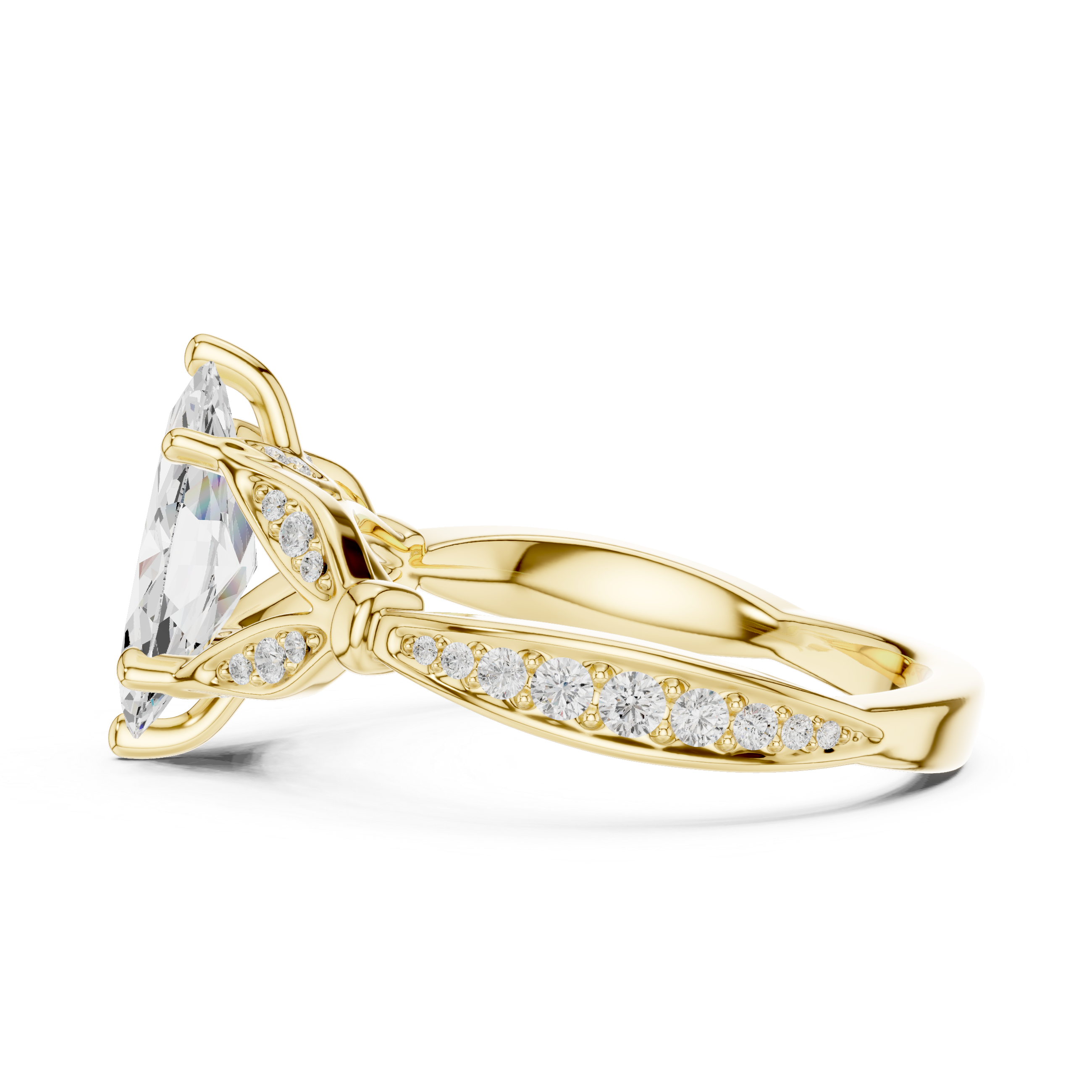 Marquise Cut Vintage Inspired Engagement Ring with Leaf Motif Pavé Diamond Band