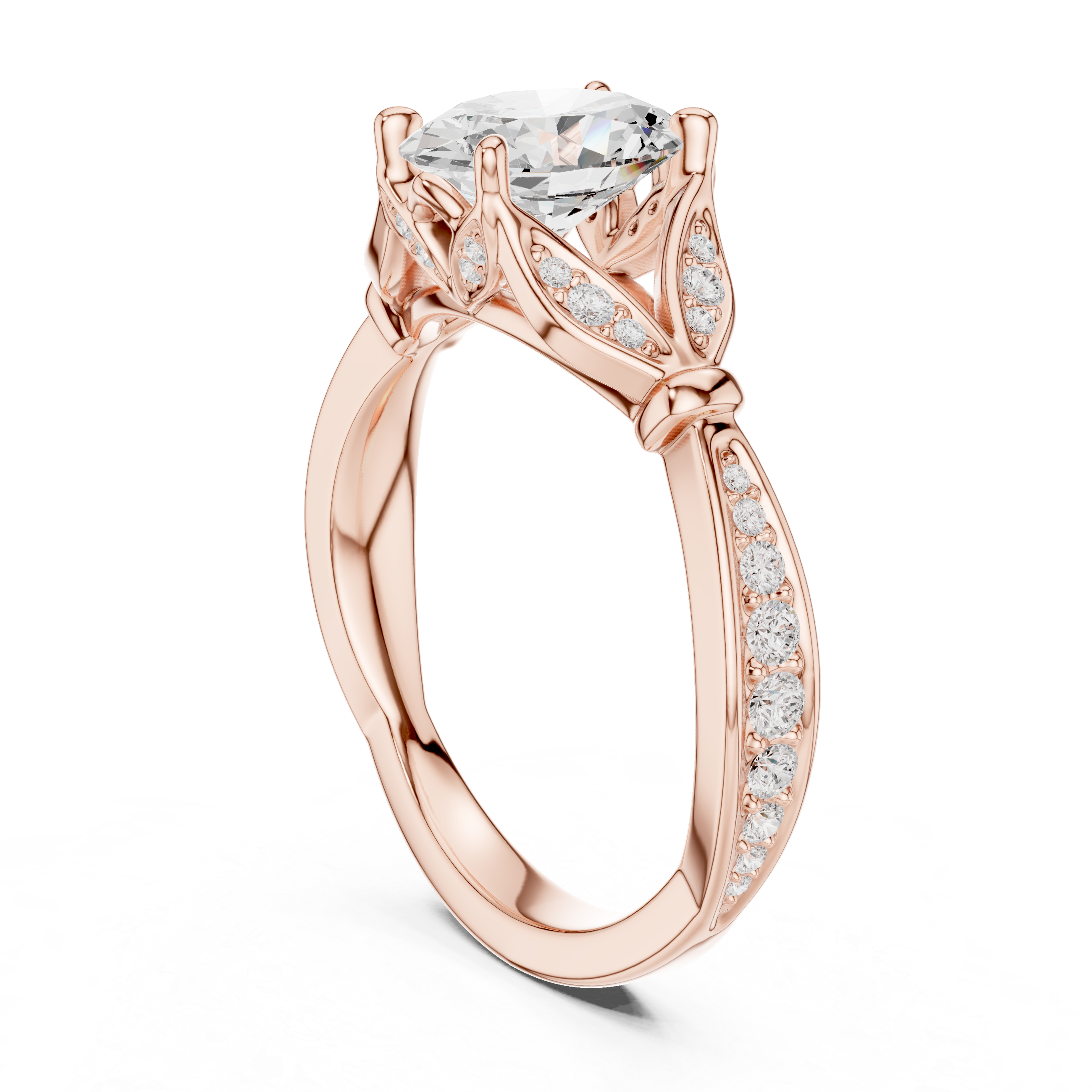 Oval Cut Vintage Inspired Engagement Ring with Leaf Motif Diamond Accents