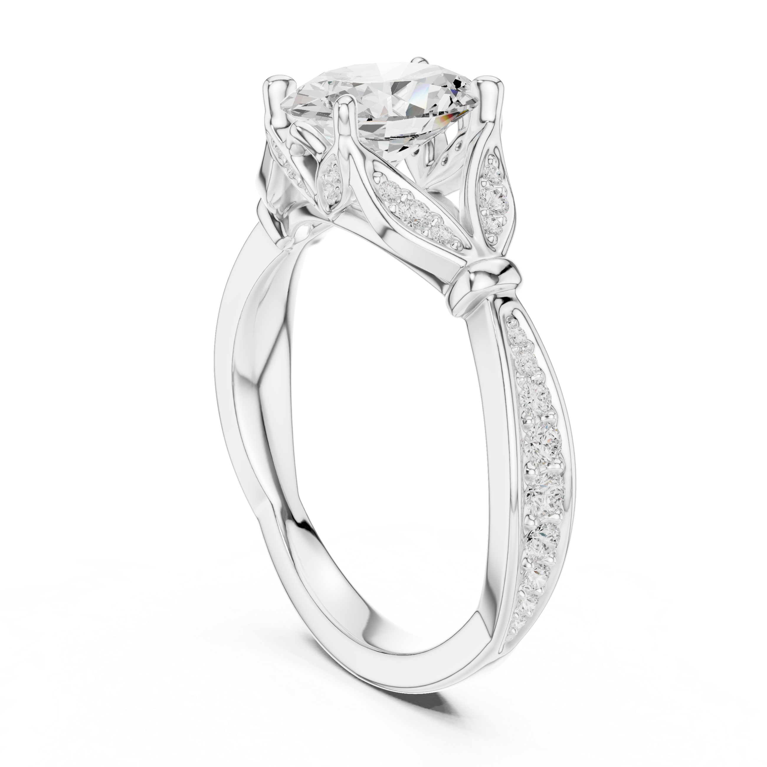 Oval Cut Vintage Inspired Engagement Ring with Leaf Motif Diamond Accents