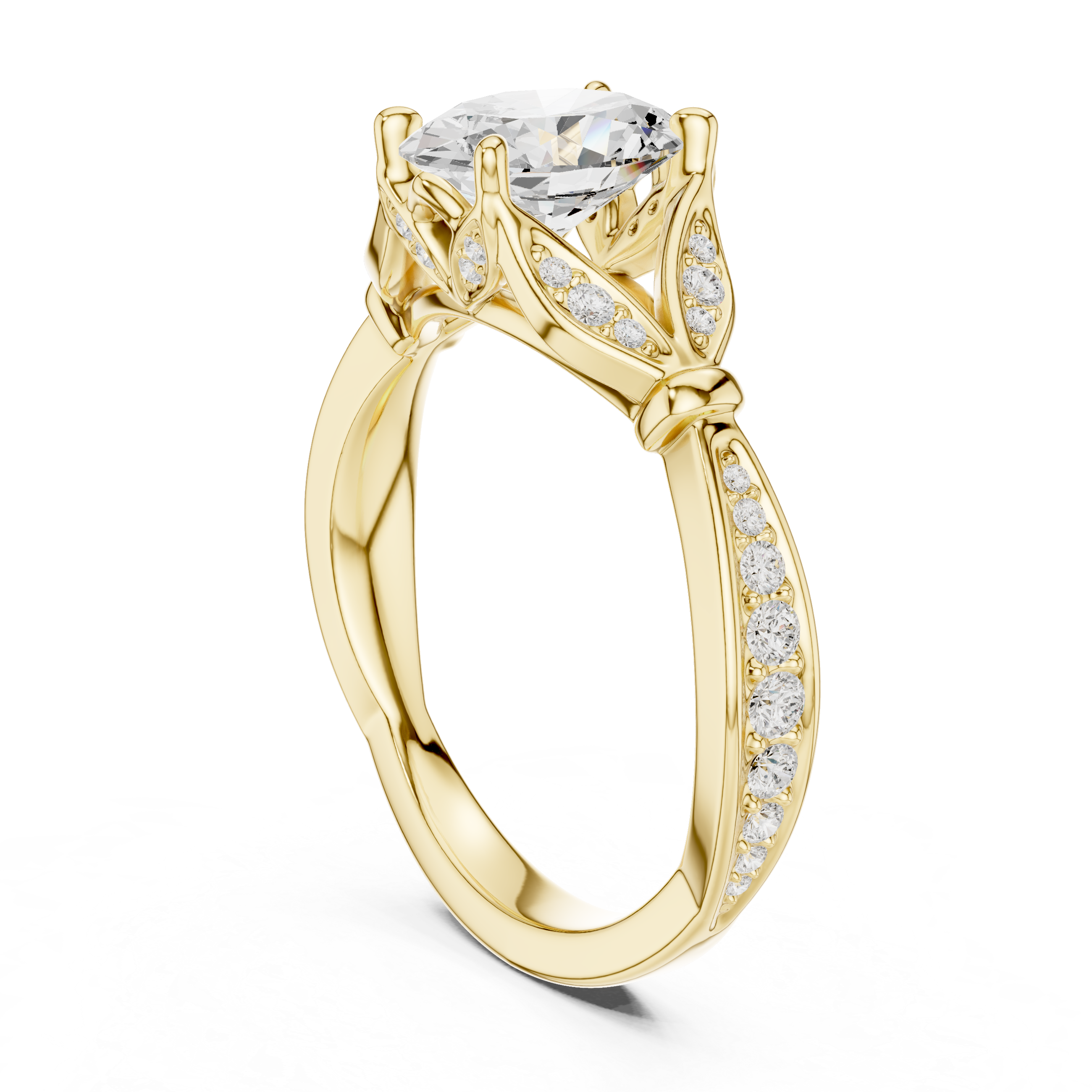 Oval Cut Vintage Inspired Engagement Ring with Leaf Motif Diamond Accents
