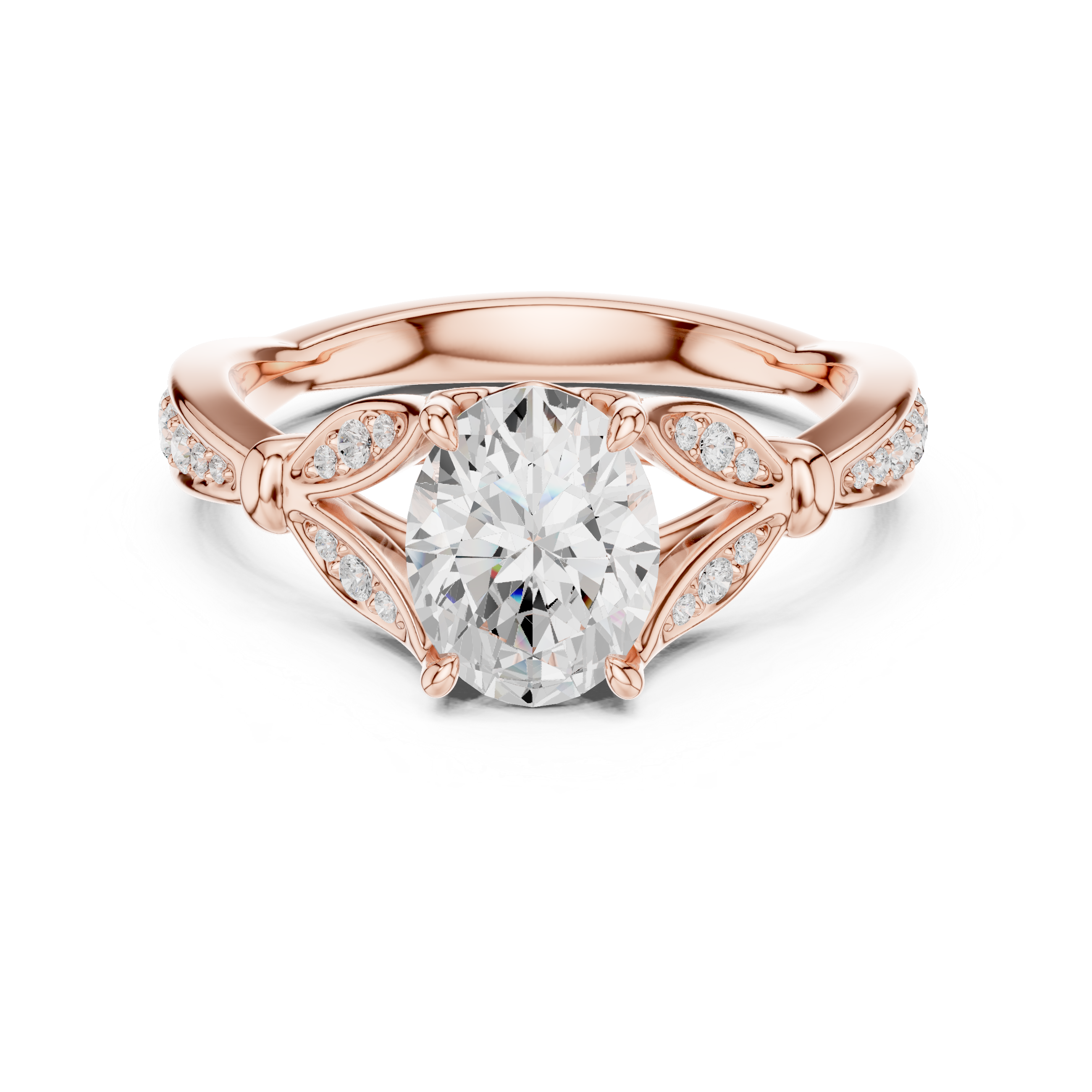 Oval Cut Vintage Inspired Engagement Ring with Leaf Motif Diamond Accents