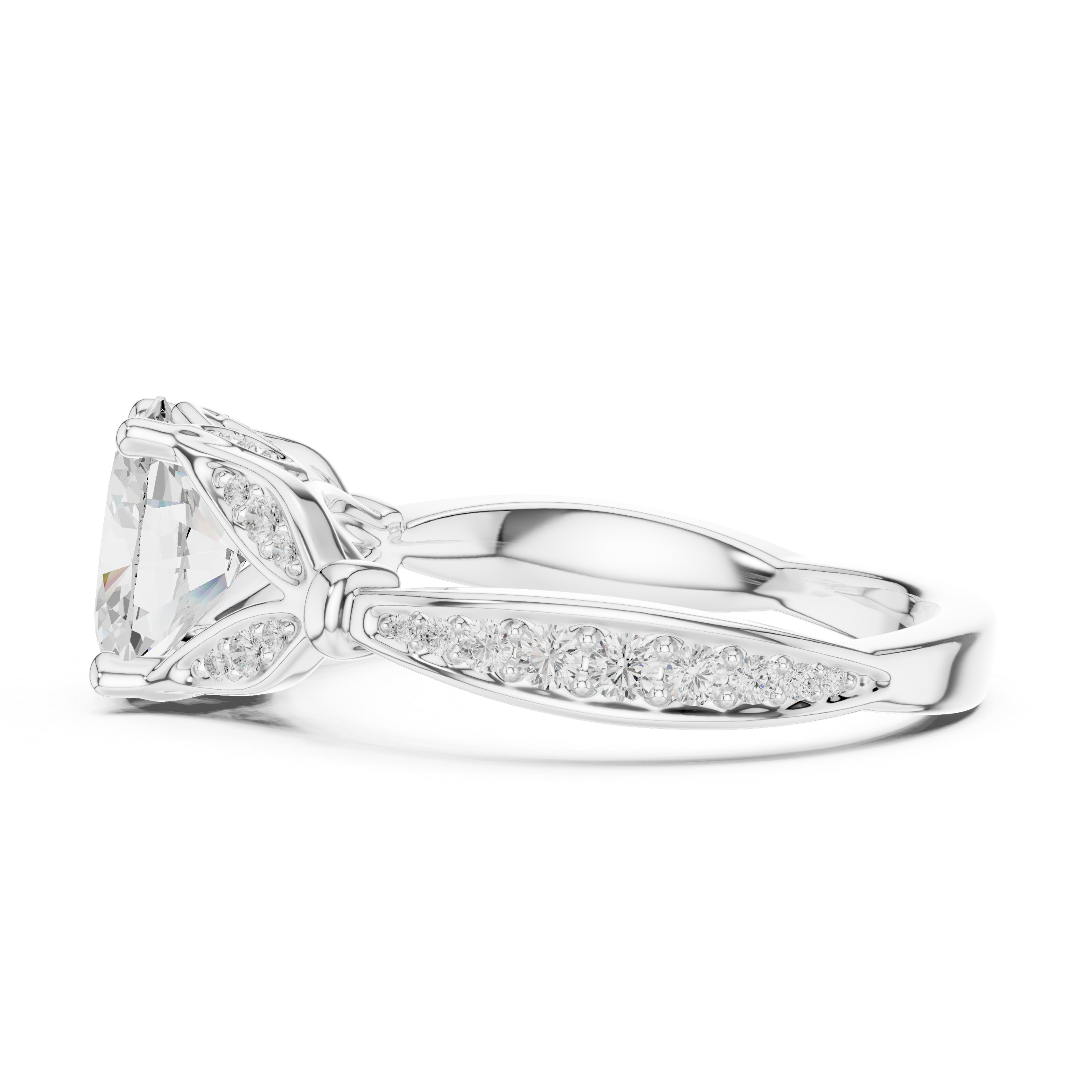 Oval Cut Vintage Inspired Engagement Ring with Leaf Motif Diamond Accents